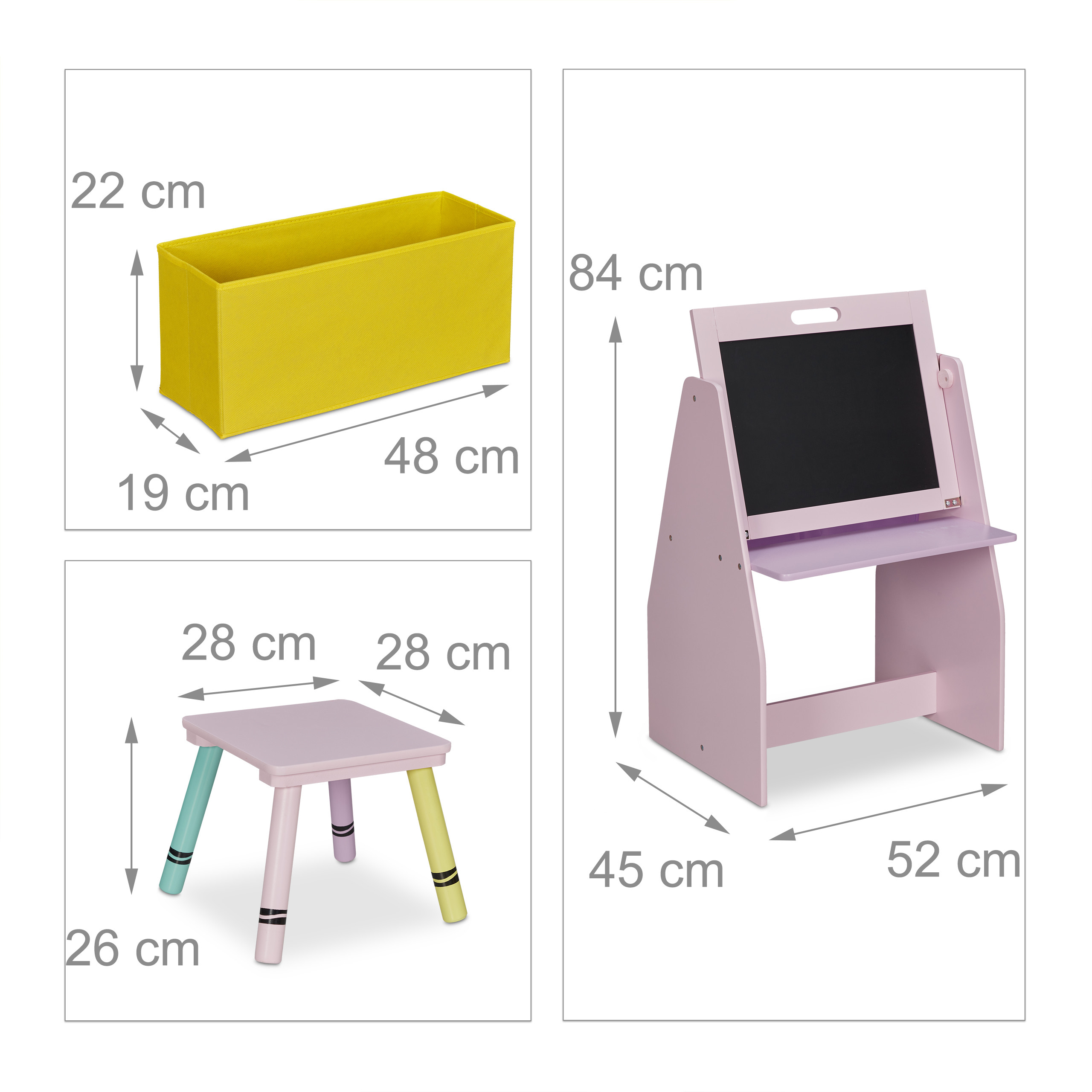 Diagramm mit Maßen für einen gelben Kasten, einen rosa Tisch und einen Hocker.