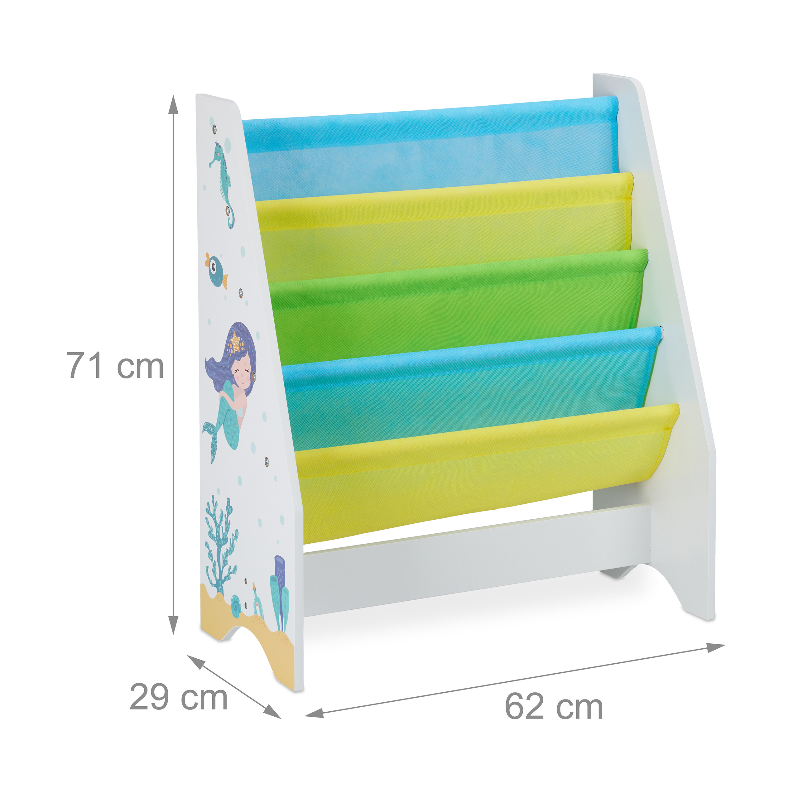 Weißes Kinderbücherregal mit bunten Stofffächern und Meeresmotiven, Höhe 71 cm, Breite 62 cm, Tiefe 29 cm.