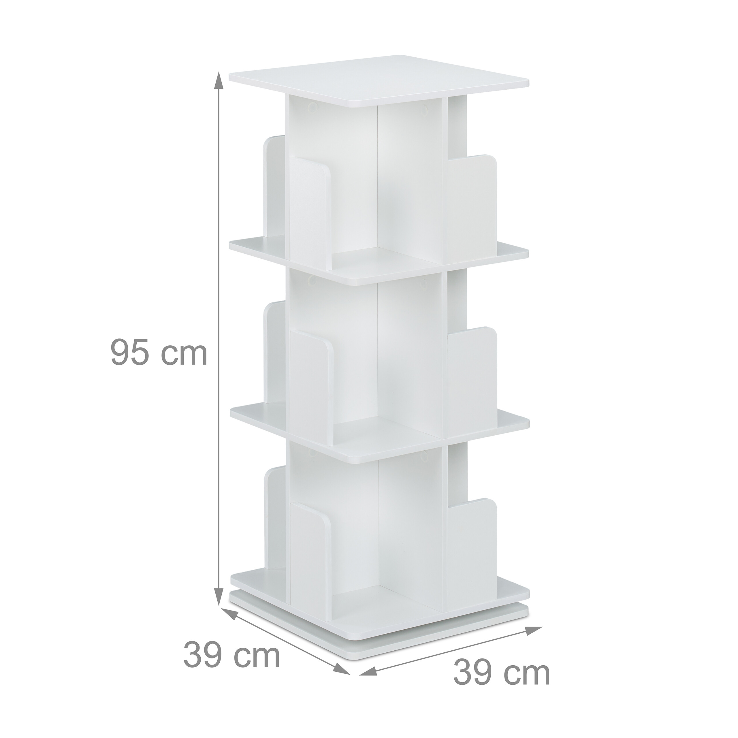 Weißes drehbares Bücherregal mit Maßen von 95 cm Höhe und 39 cm Breite sowie Tiefe.