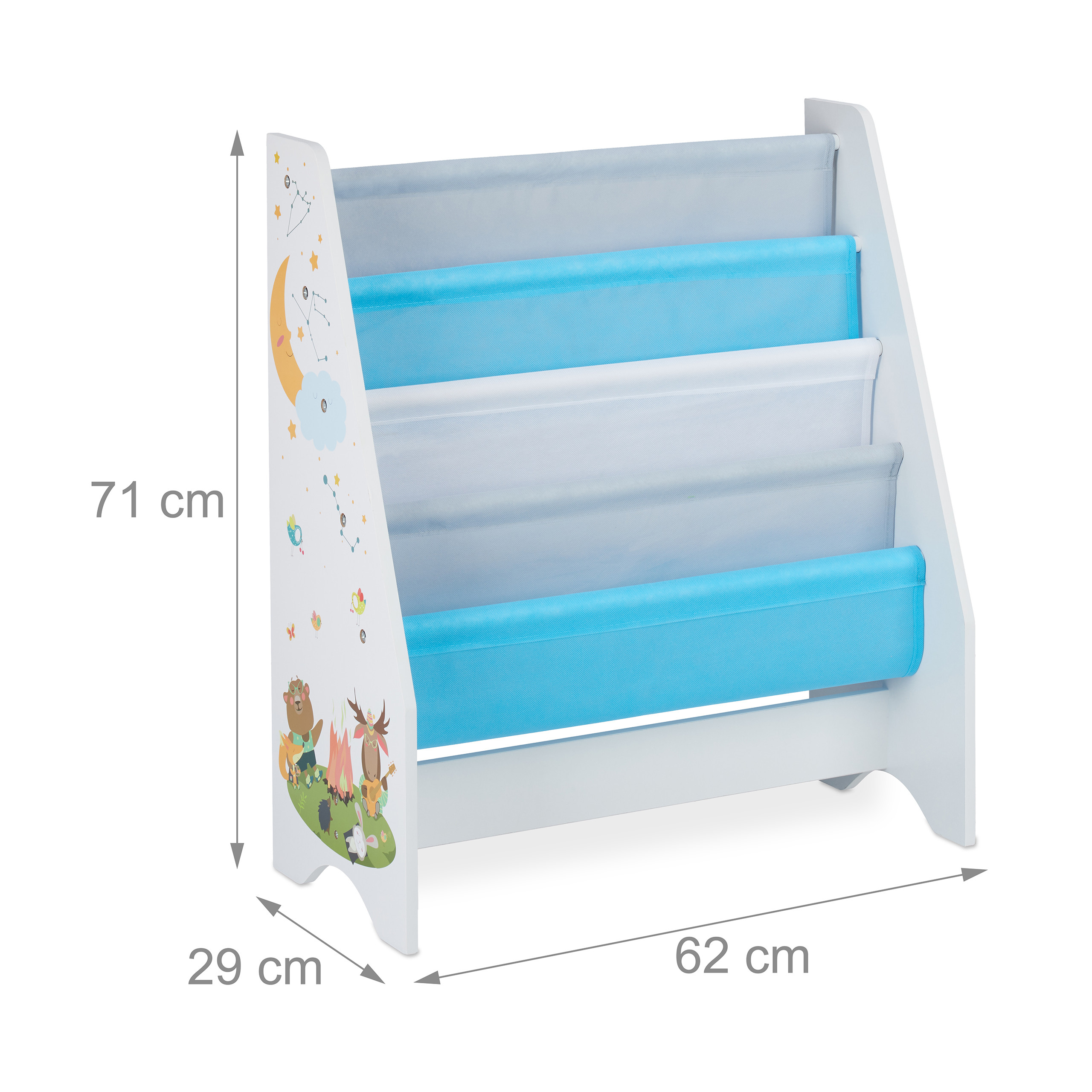 Weißes Kinder-Bücherregal mit vier blauen und grauen Stofftaschen und Tiermotiven. Abmessungen: 62x29x71 cm.