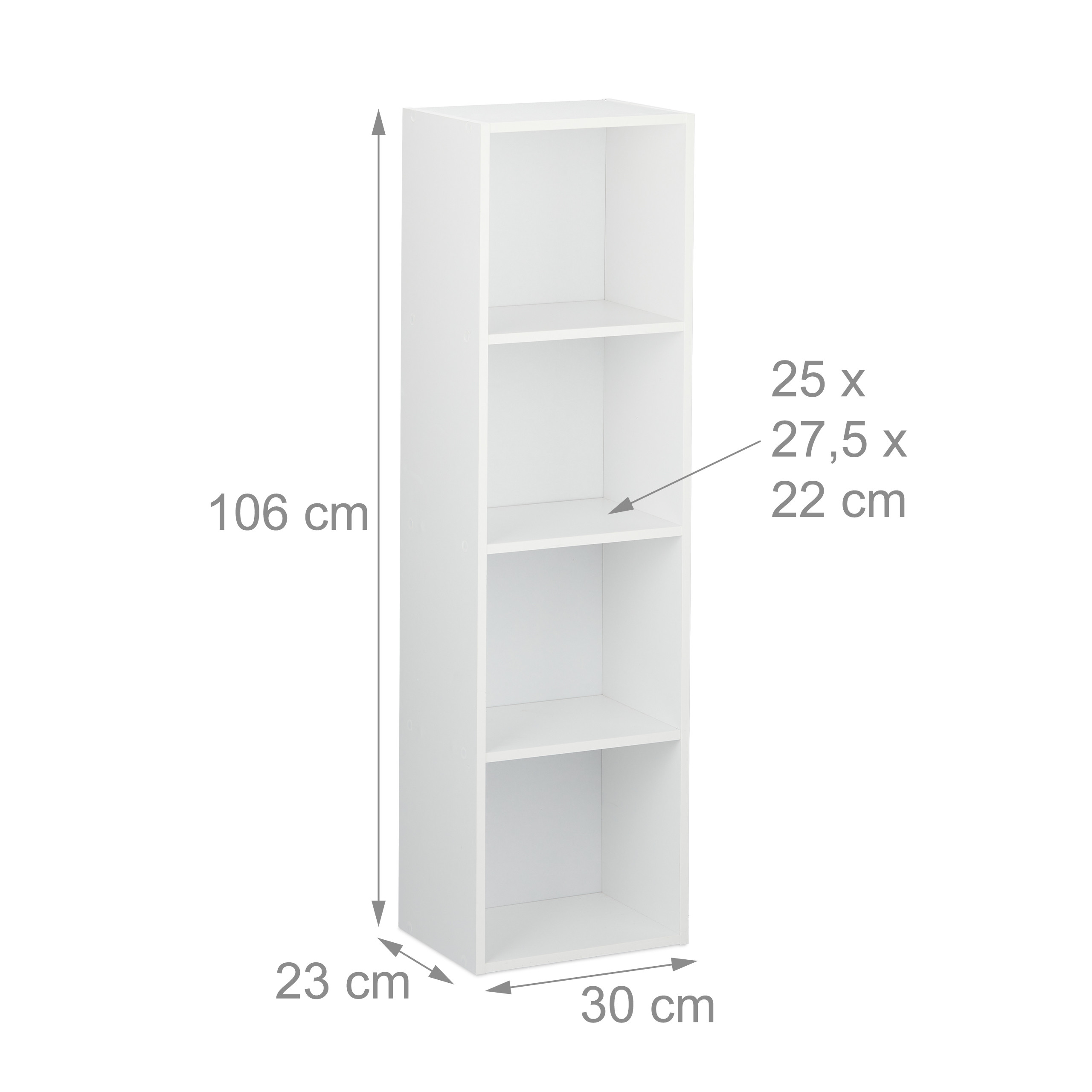 Weißes Bücherregal mit vier Fächern und Maßangaben in Zentimetern auf neutralem Hintergrund.
