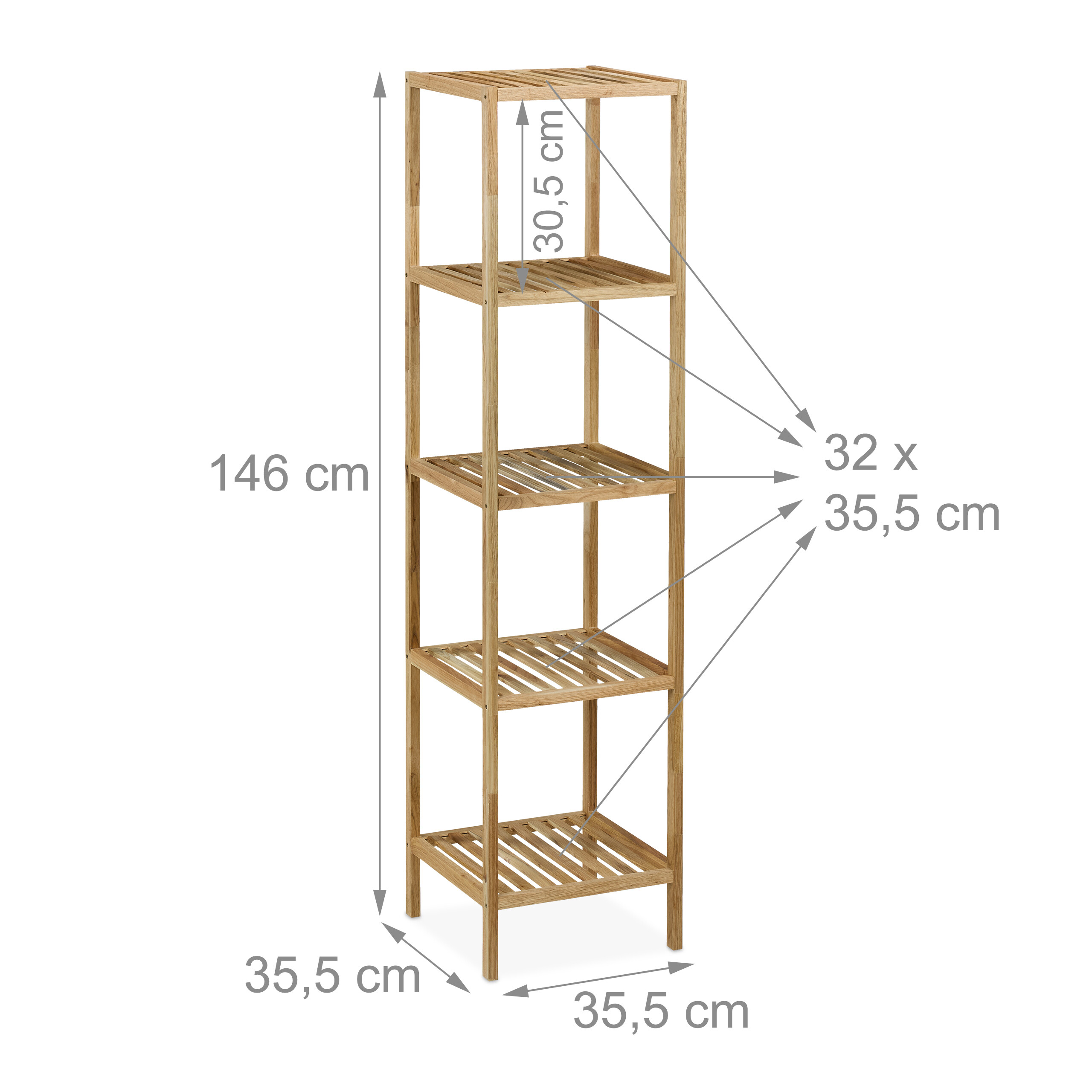 Ein schmales, hohes Holzbettregal mit fünf Ebenen und genauen Maßangaben in Zentimetern.