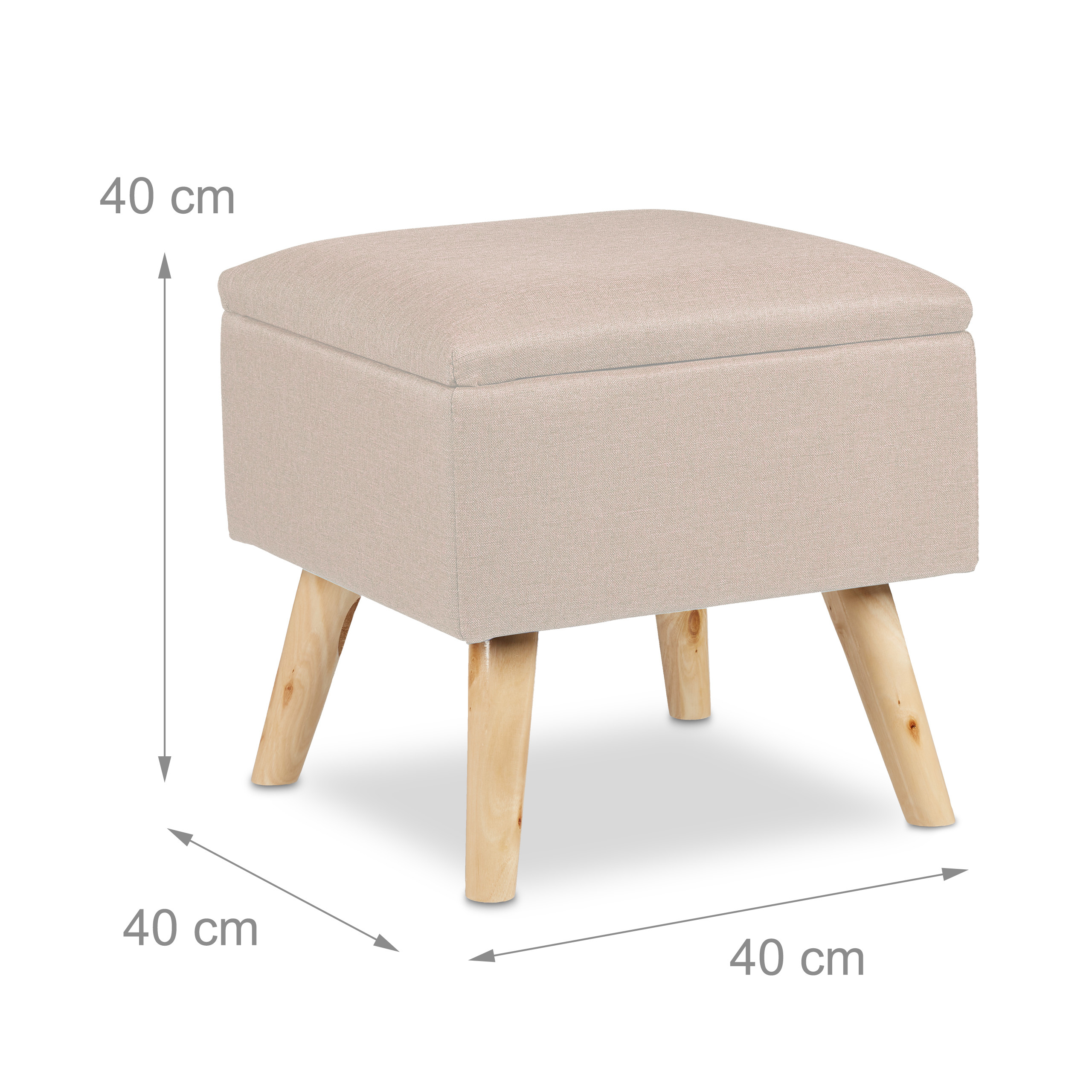 Beiger Polsterhocker mit Holzbeinen, Maße 40x40x40 cm.