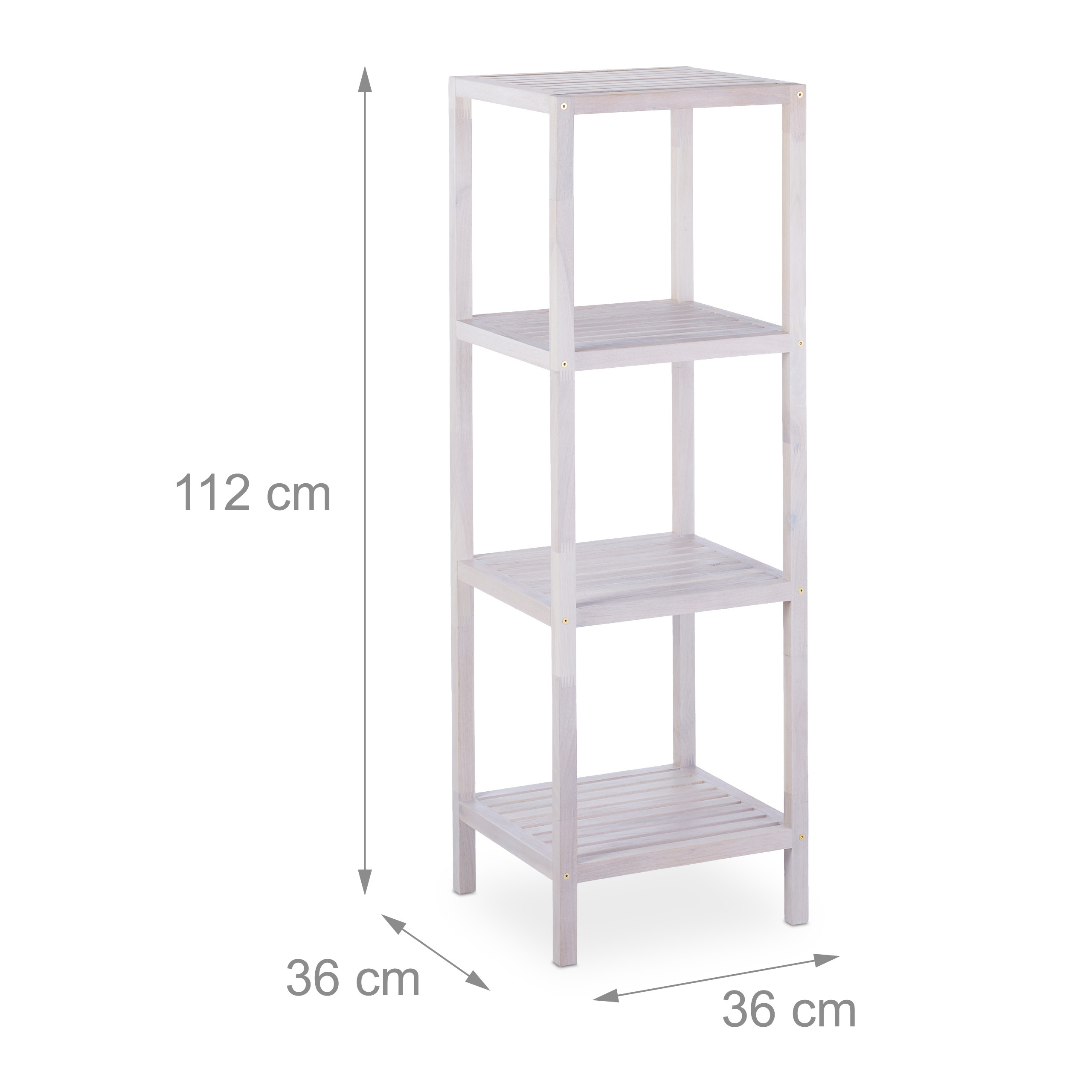 Ein weißes Holzregal mit vier Etagen, 112 cm hoch, 36 cm breit und 36 cm tief.