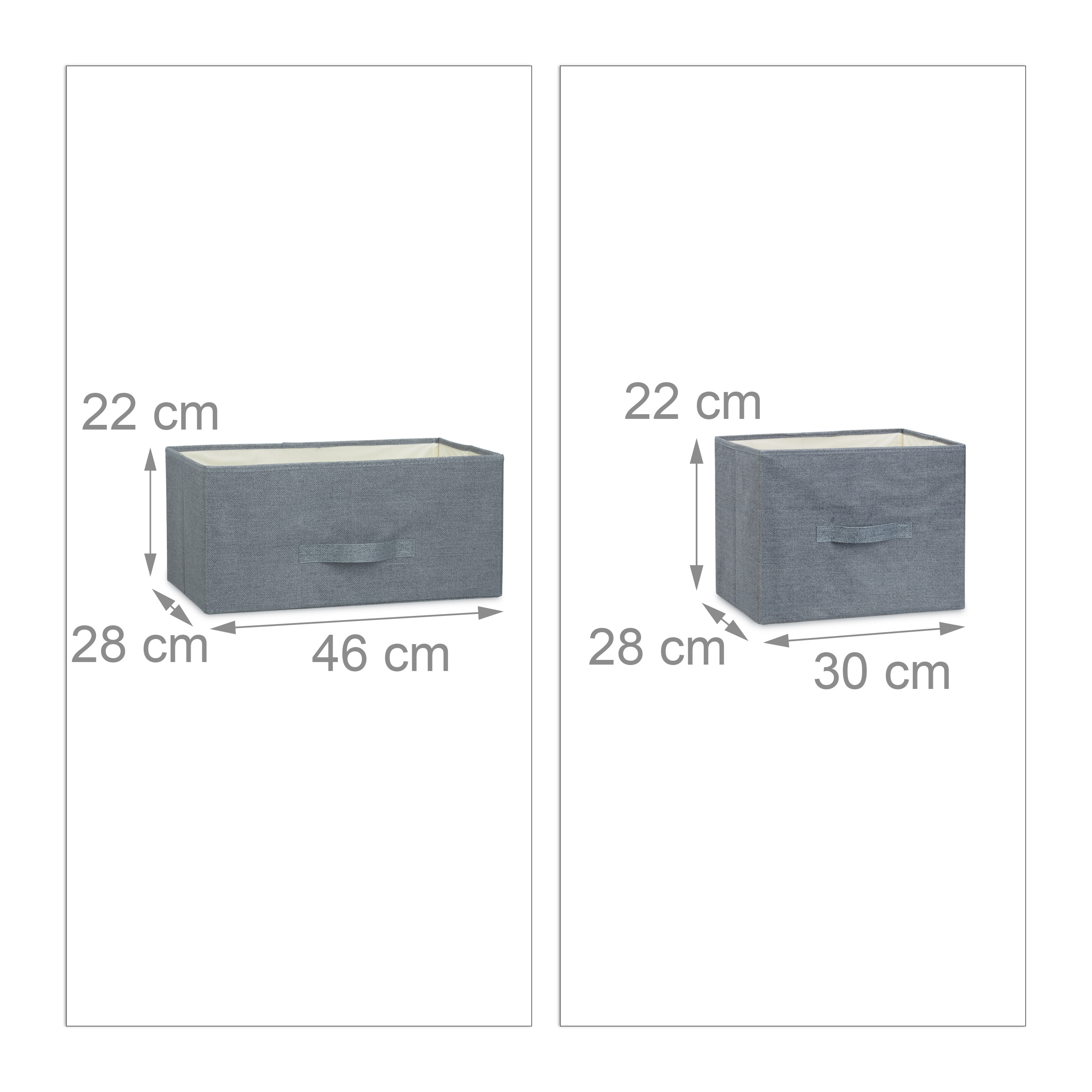 Zwei graue Stoffboxen mit Maßen: links 46x28x22 cm, rechts 30x28x22 cm auf weißem Hintergrund.