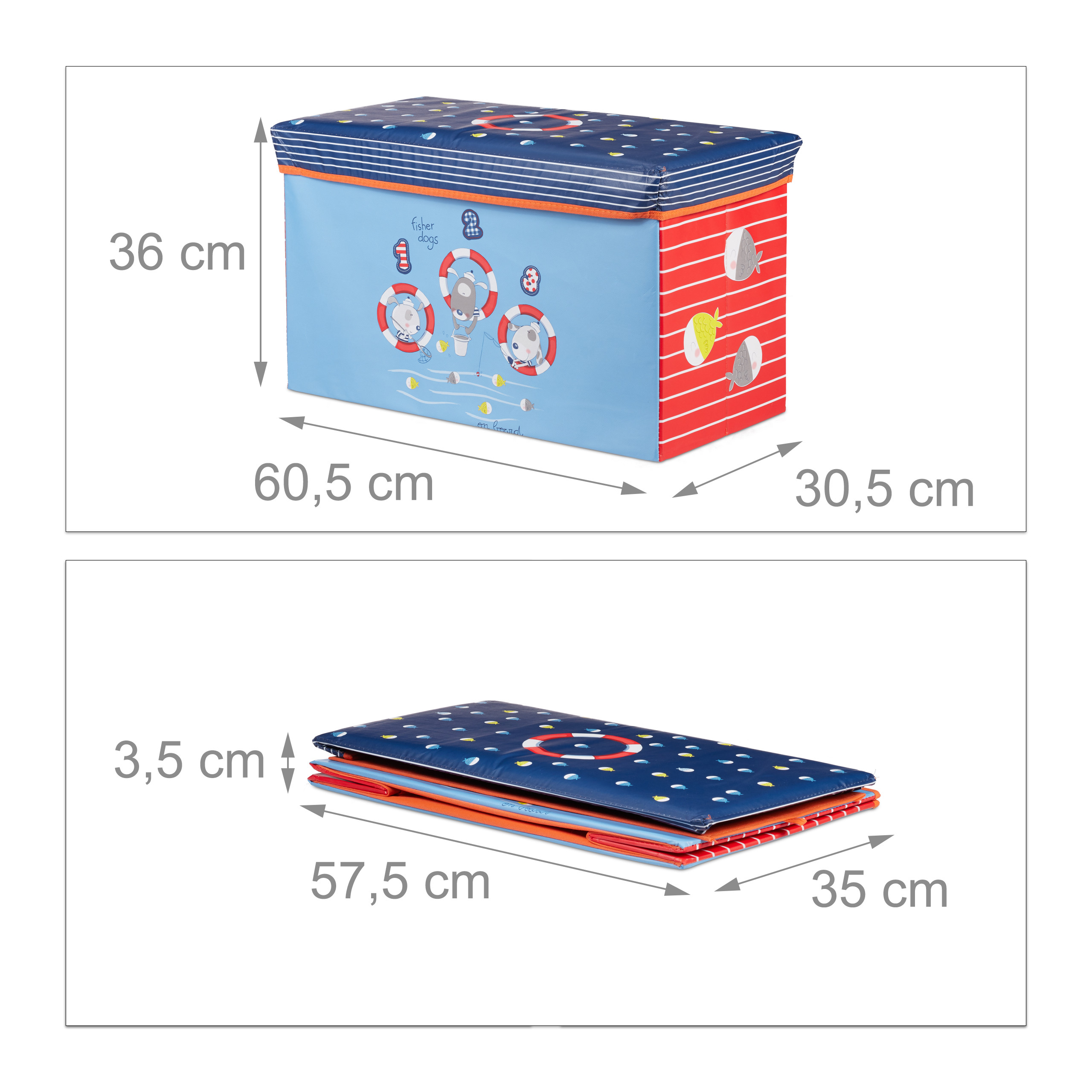 Blaue Kinderspielzeugbox mit Maßen: aufgebaut 60,5x30,5x36 cm, zusammengeklappt 57,5x35x3,5 cm.