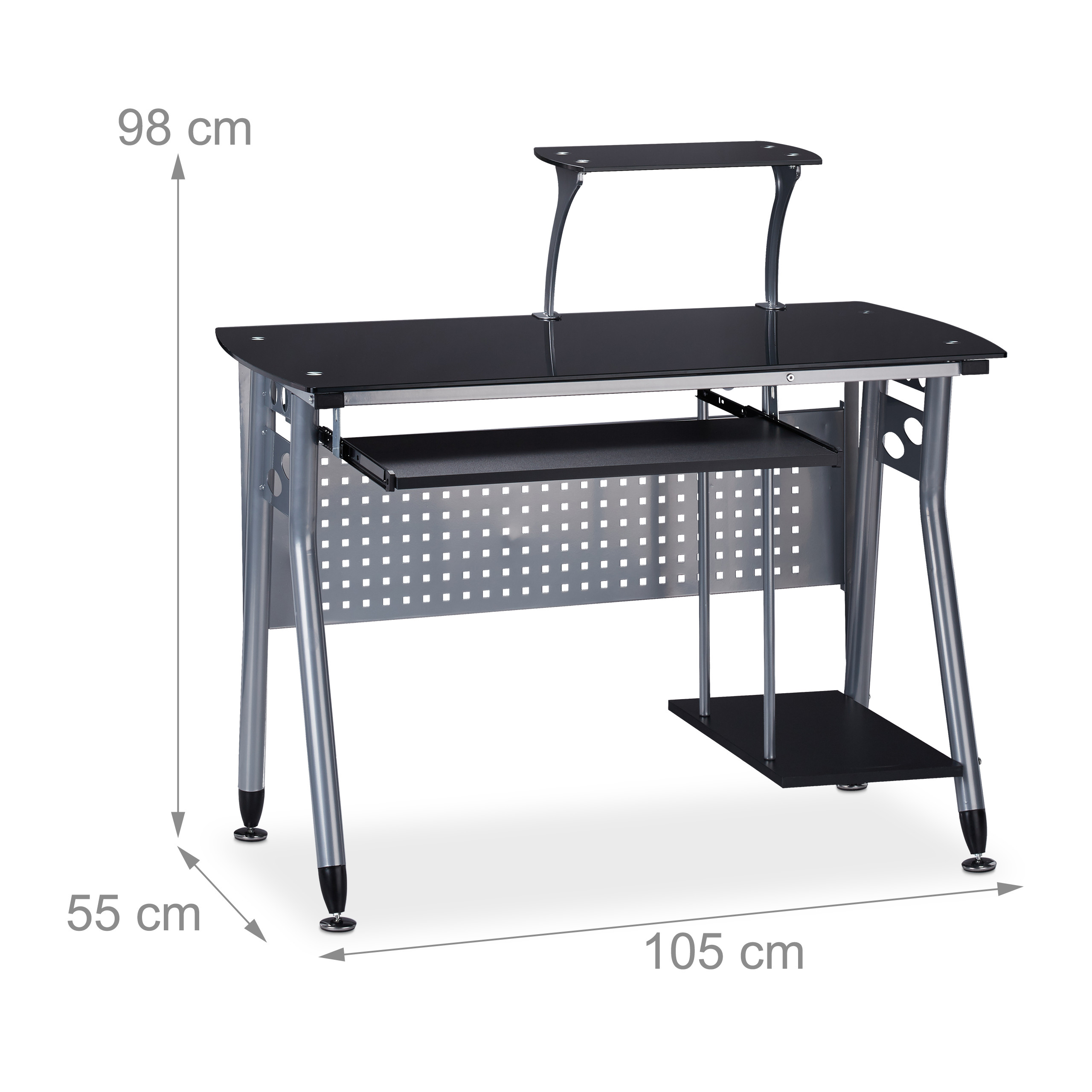 Moderner Computertisch aus Glas und Metall mit Tastaturauszug und Ablagen, B105 x H98 x T55 cm.