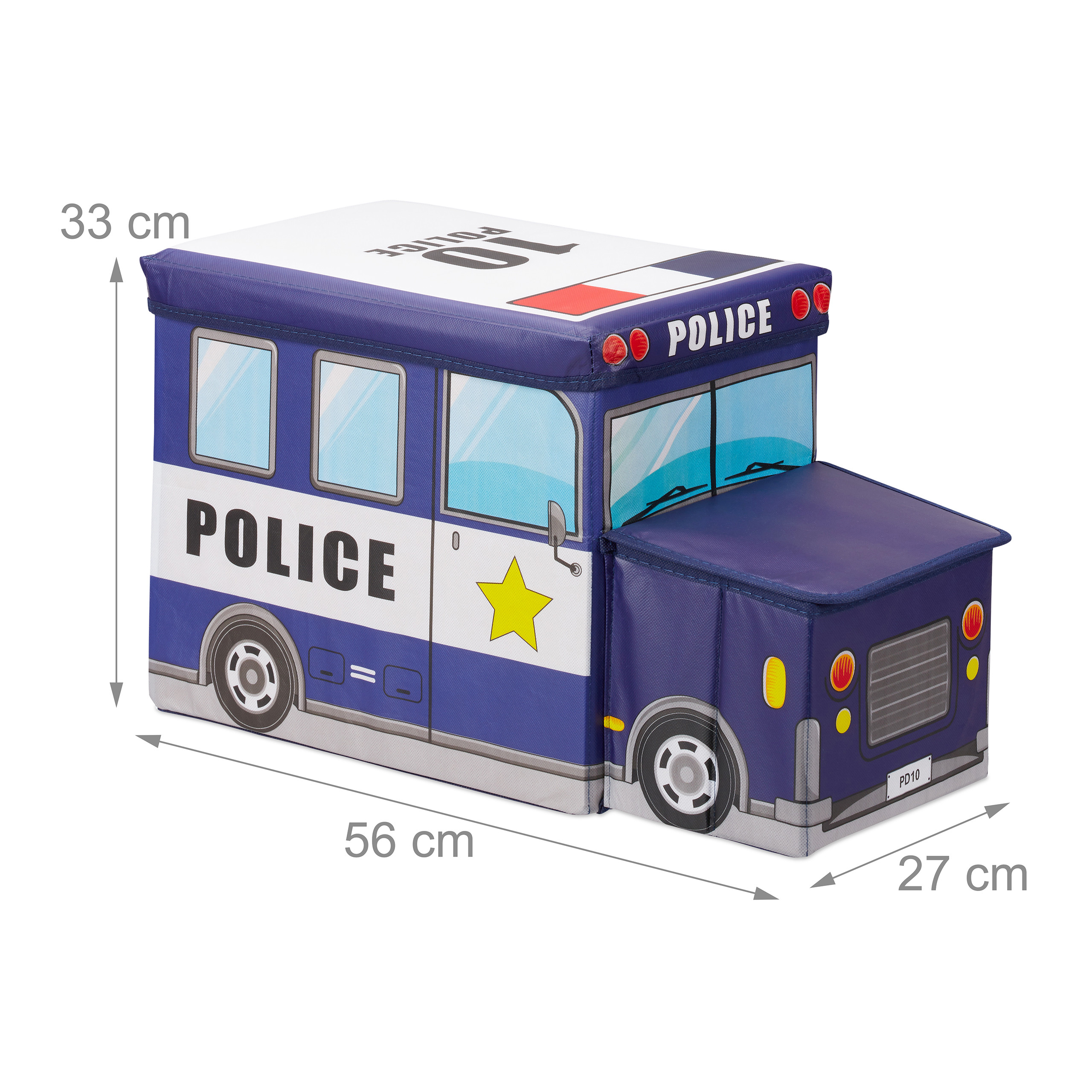 Blaue Polizeibus-Spielzeugkiste mit Maßen 56x27x33 cm.