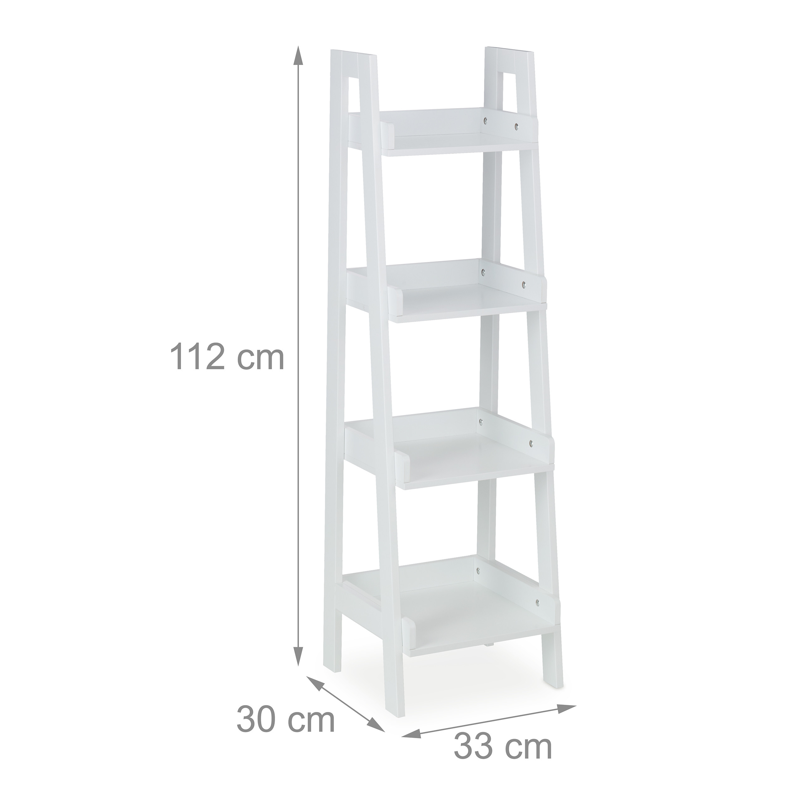 Ein weißes vierstöckiges Leiterregal mit den Maßen 112 cm Höhe, 33 cm Breite und 30 cm Tiefe vor weißem Hintergrund.