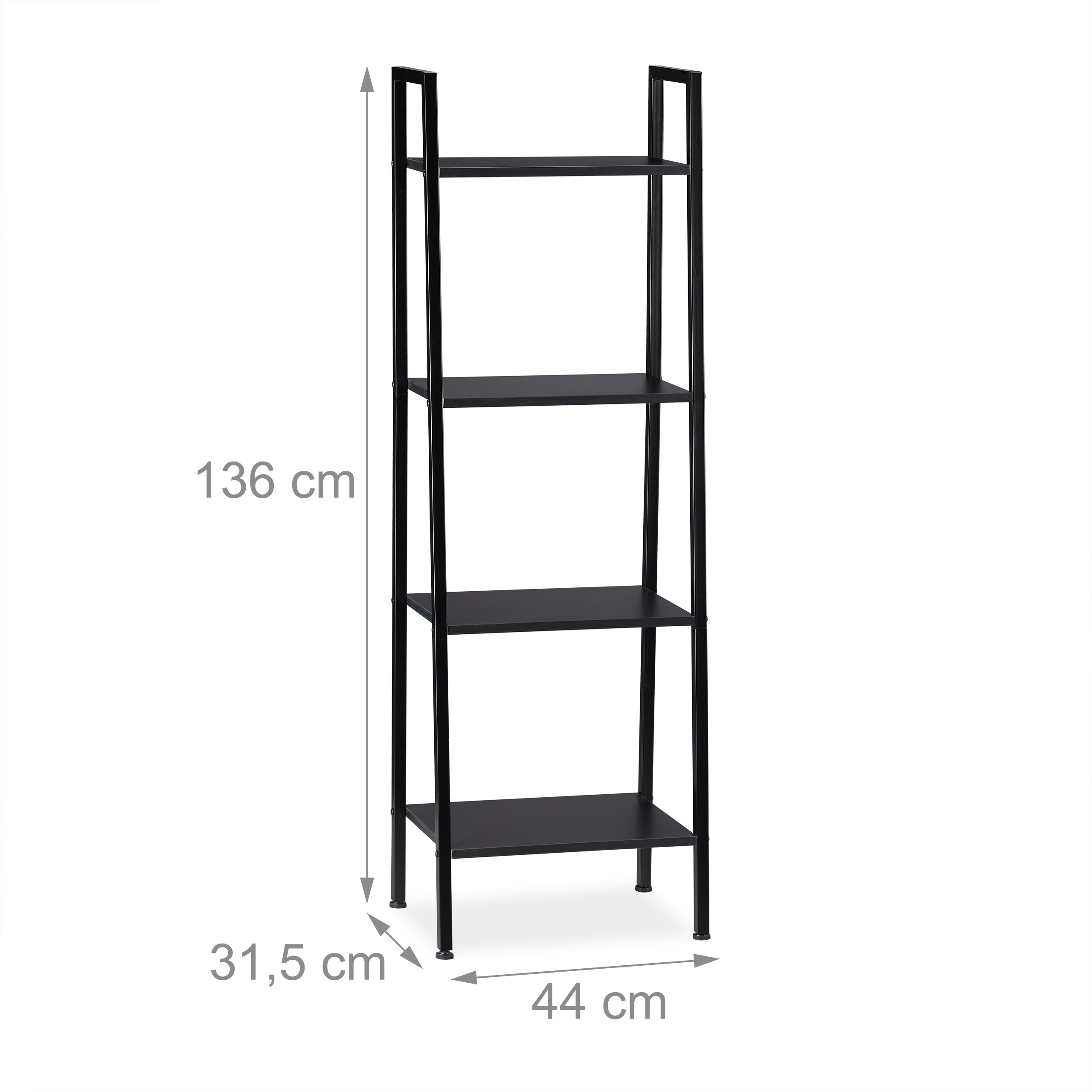 Schwarzes Standregal mit vier Regalböden auf weißem Hintergrund mit Maßangaben.