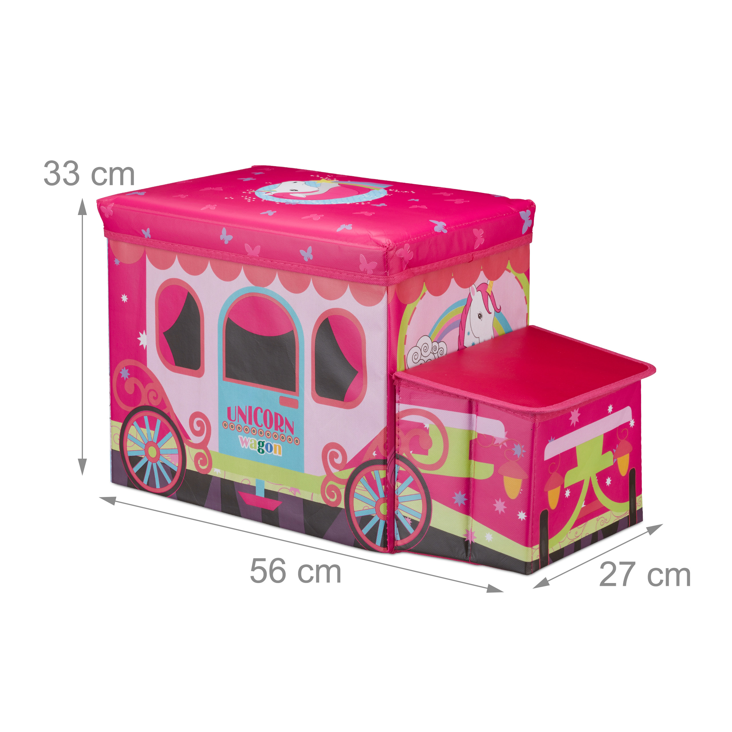 Rosa Aufbewahrungsbox im Einhorn-Kutschdesign mit Maßen von 56x27x33 cm.