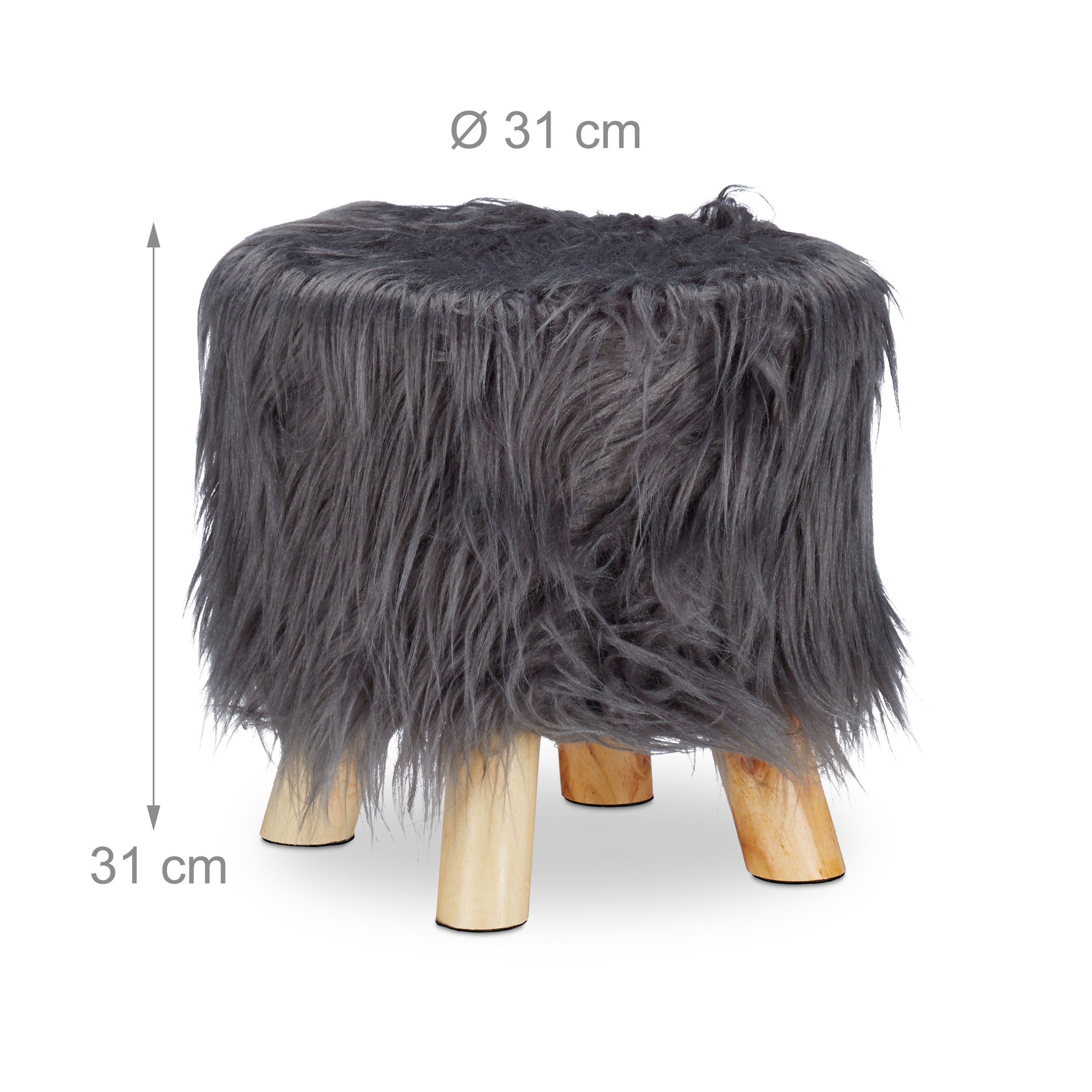 Grauer Fellhocker mit vier hellen Holzbeinen, 31 cm Durchmesser und 31 cm Höhe.