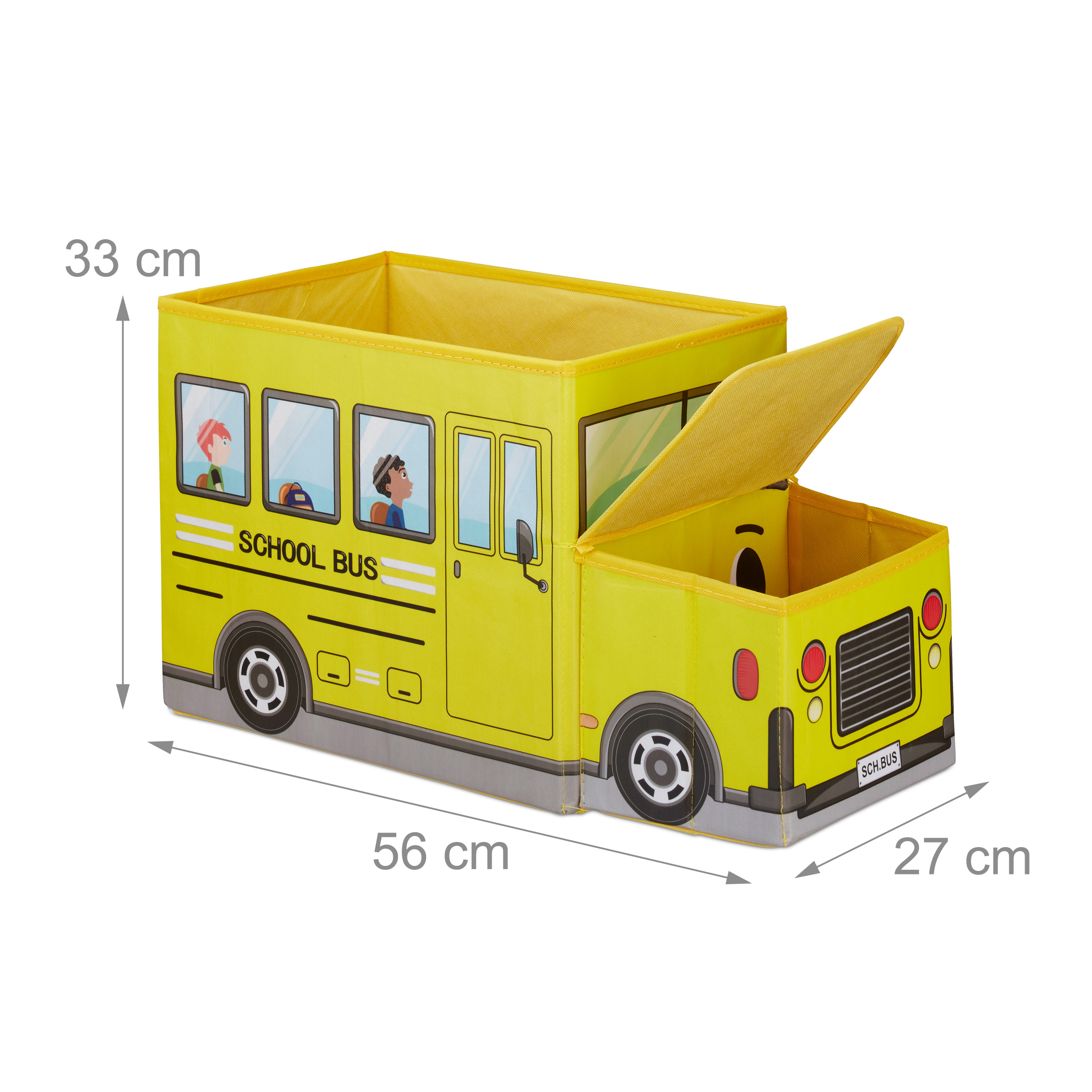 Gelbe Schulbus-Spielzeugkiste mit Maßen: 56x27x33 cm.