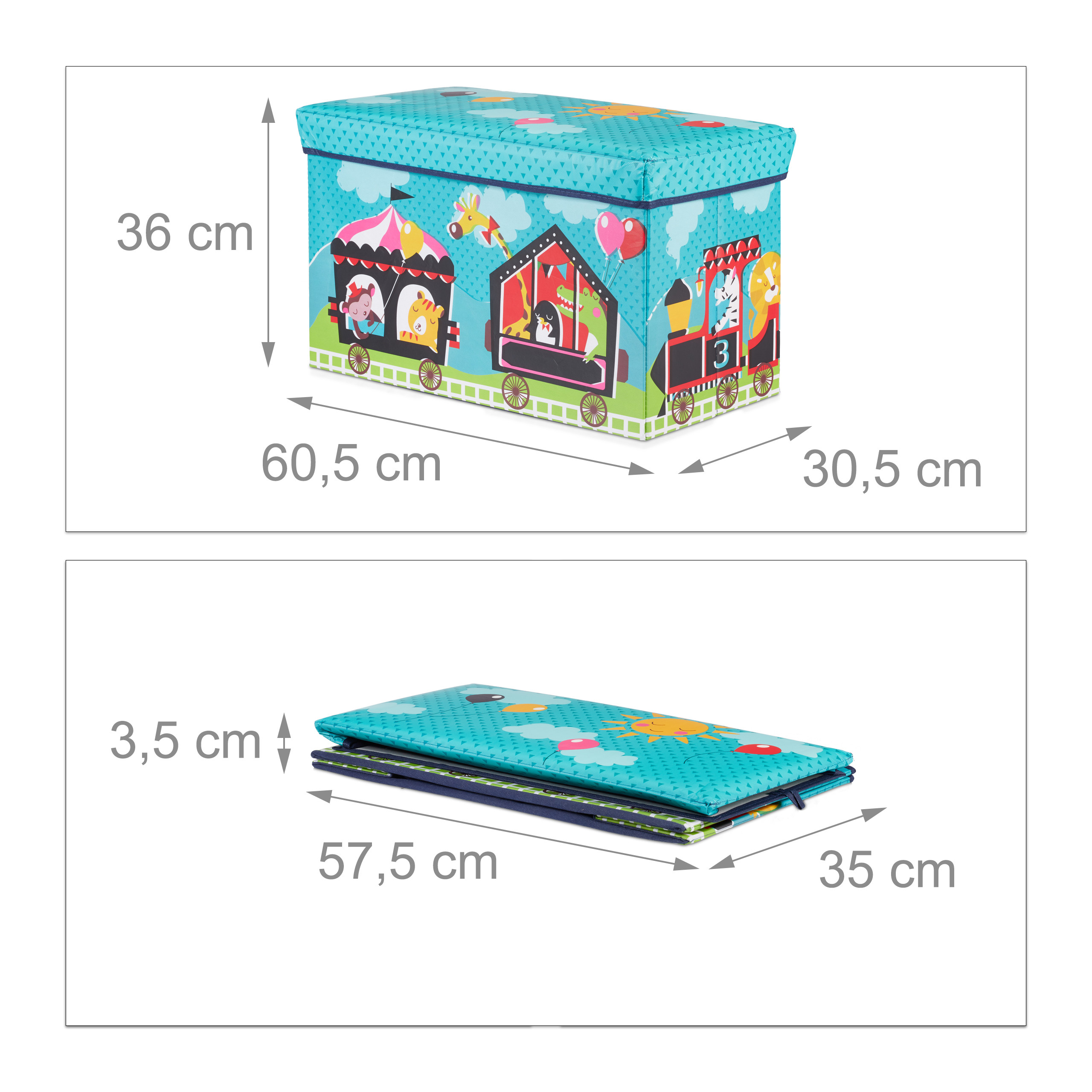 Blaue Spielzeugkiste mit Zirkusmotiv, Maße 60,5x30,5x36 cm, zusammengeklappt 57,5x35x3,5 cm.