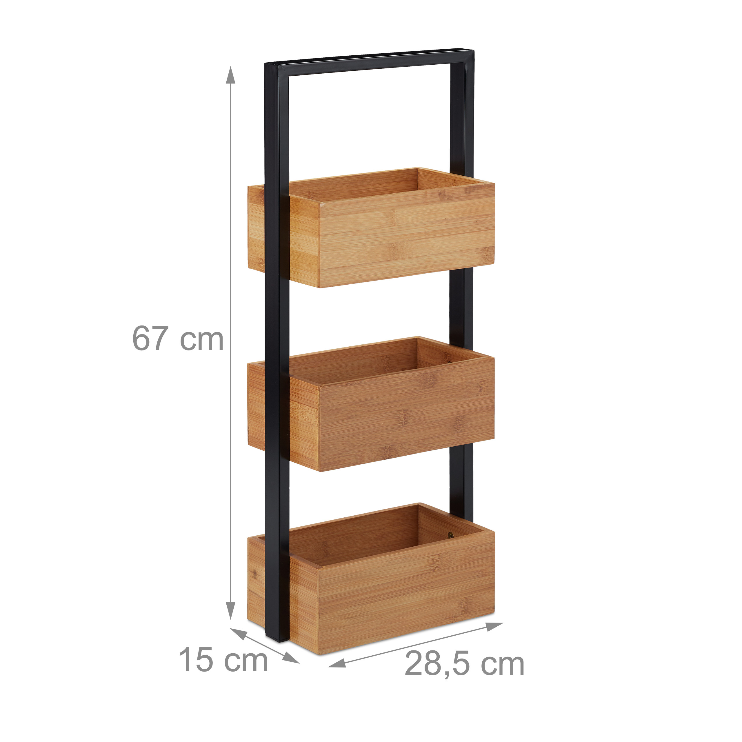 Ein 3-stöckiges Holzregal mit schwarzem Metallgestell, Maße: 67 cm Höhe, 15 cm Tiefe und 28,5 cm Breite.