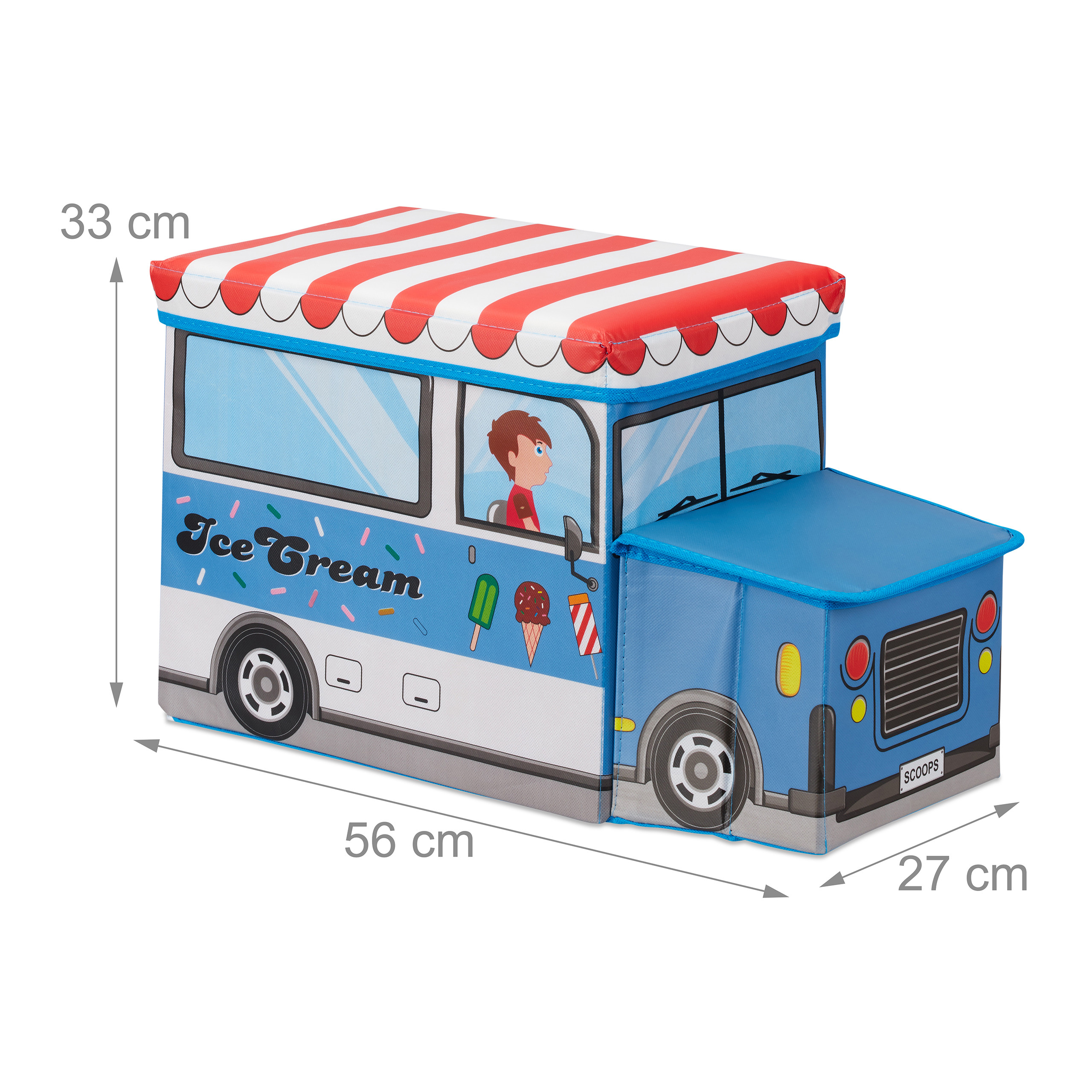 Eine blau-weiße Eiswagen-Aufbewahrungsbox mit rot-weiß gestreiftem Dach und Maßen 56x27x33 cm.