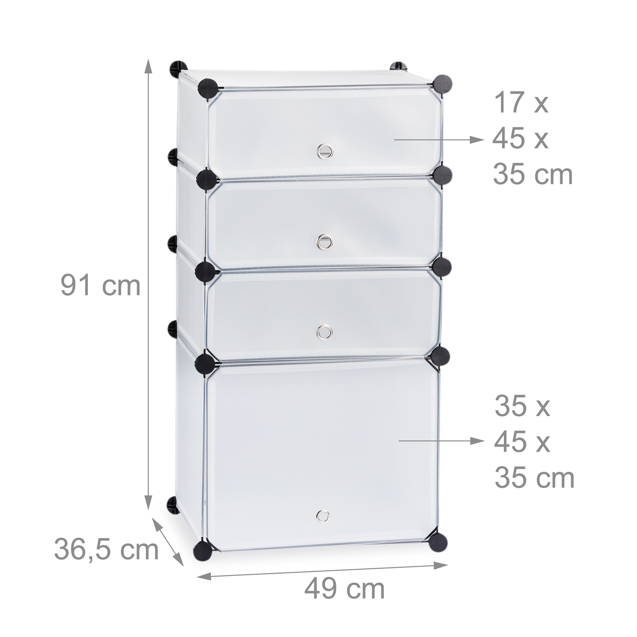 Diagramm eines weißen modularen Regals mit vier Fächern und Maßen.