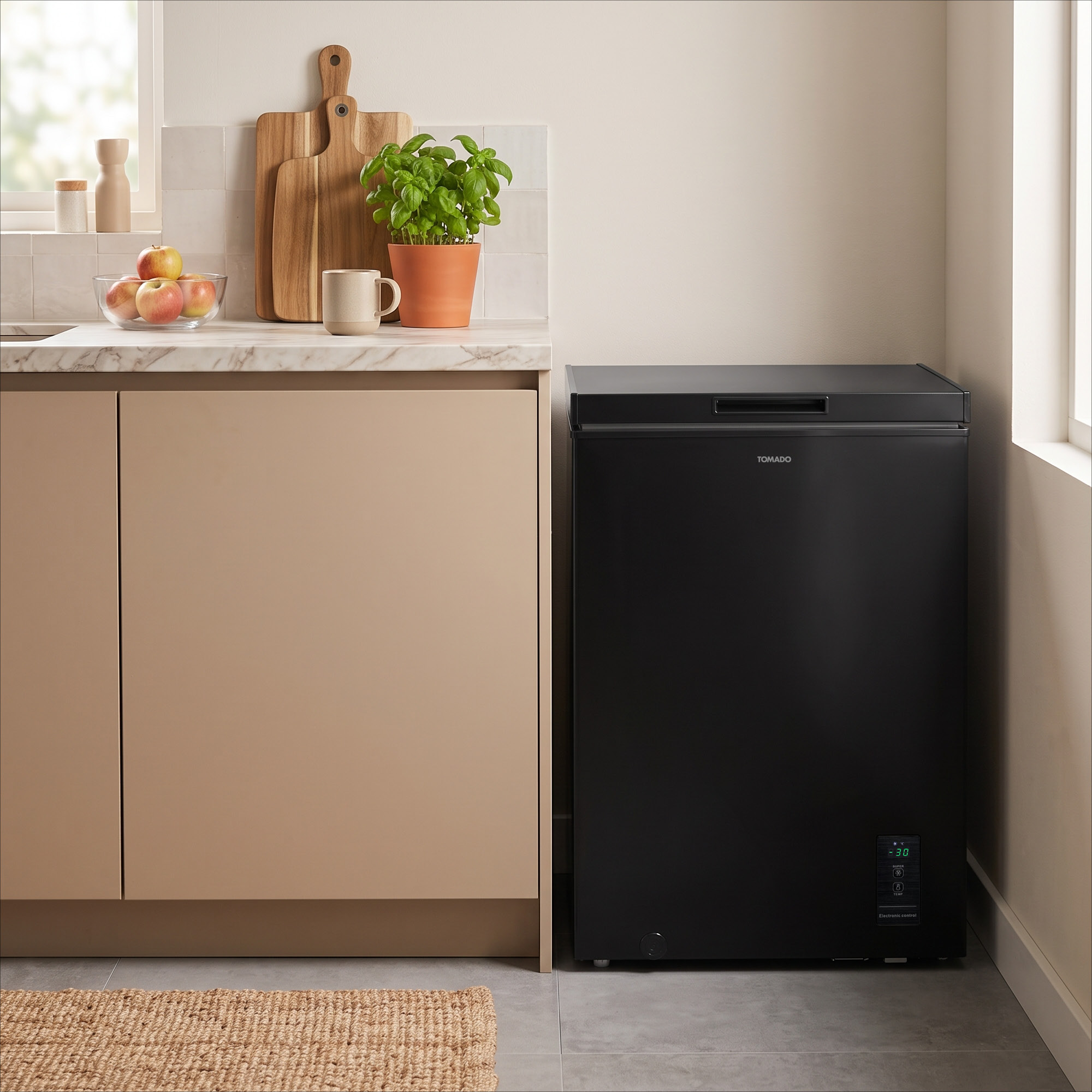 Een zwarte kistdiepvries staat in een moderne keuken naast beige kasten, houten planken en een plant.