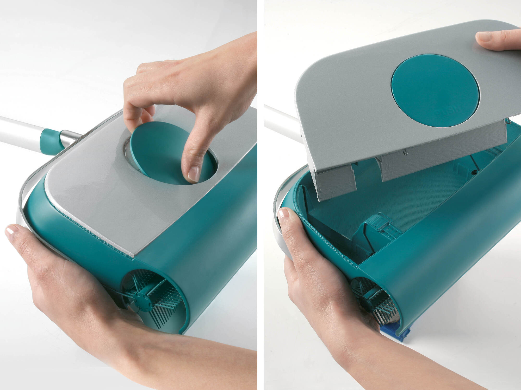 Mani che aprono un dispositivo di pulizia verde acqua e grigio sollevando il coperchio.