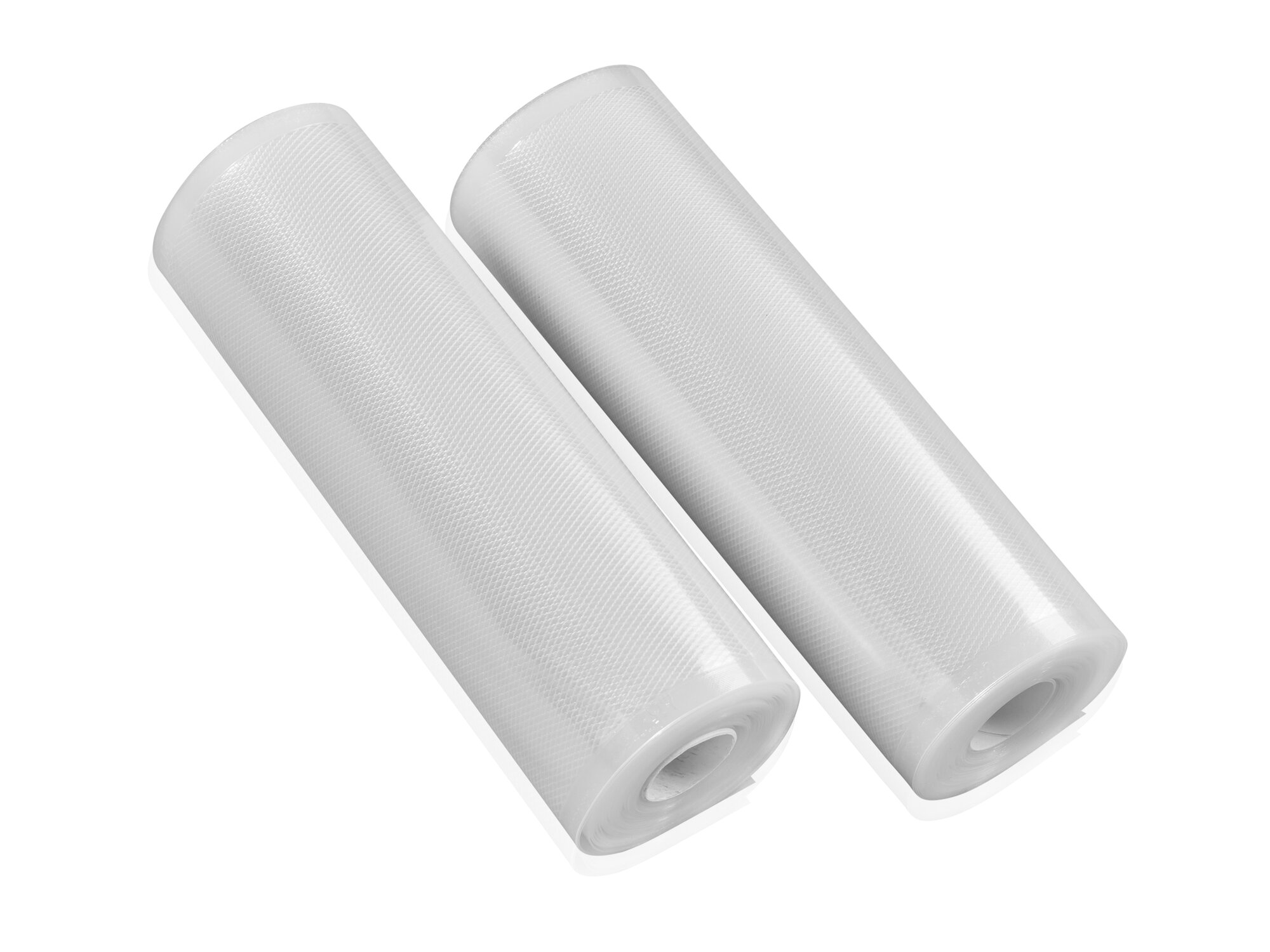 Dos rollos de bolsas de vacío con superficie texturizada sobre fondo blanco.