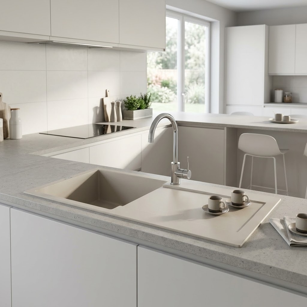 Moderna cucina bianca con lavello grigio, rubinetto cromato, tazze da caffè sul piano di lavoro e mobili chiari.