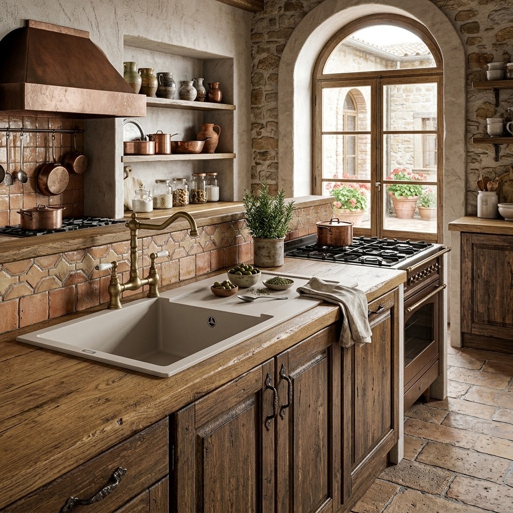 Cucina rustica con mobili in legno, lavello, parete in pietra e finestra ad arco su cortile.