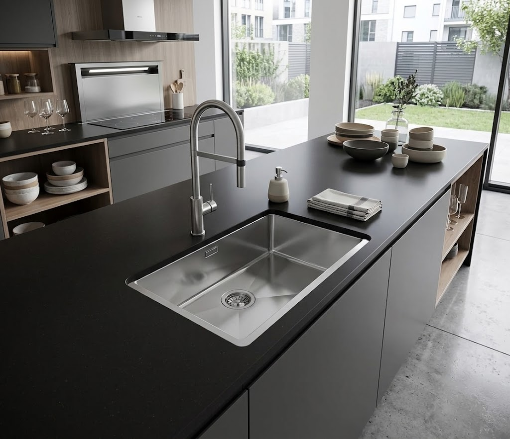 Cucina moderna con isola nera, lavello, rubinetto e stoviglie, con vista sul giardino attraverso grandi finestre.