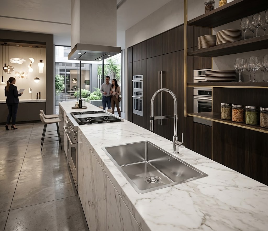 Cucina moderna con isola in marmo, lavello in acciaio, mobili in legno scuro e scaffali aperti.