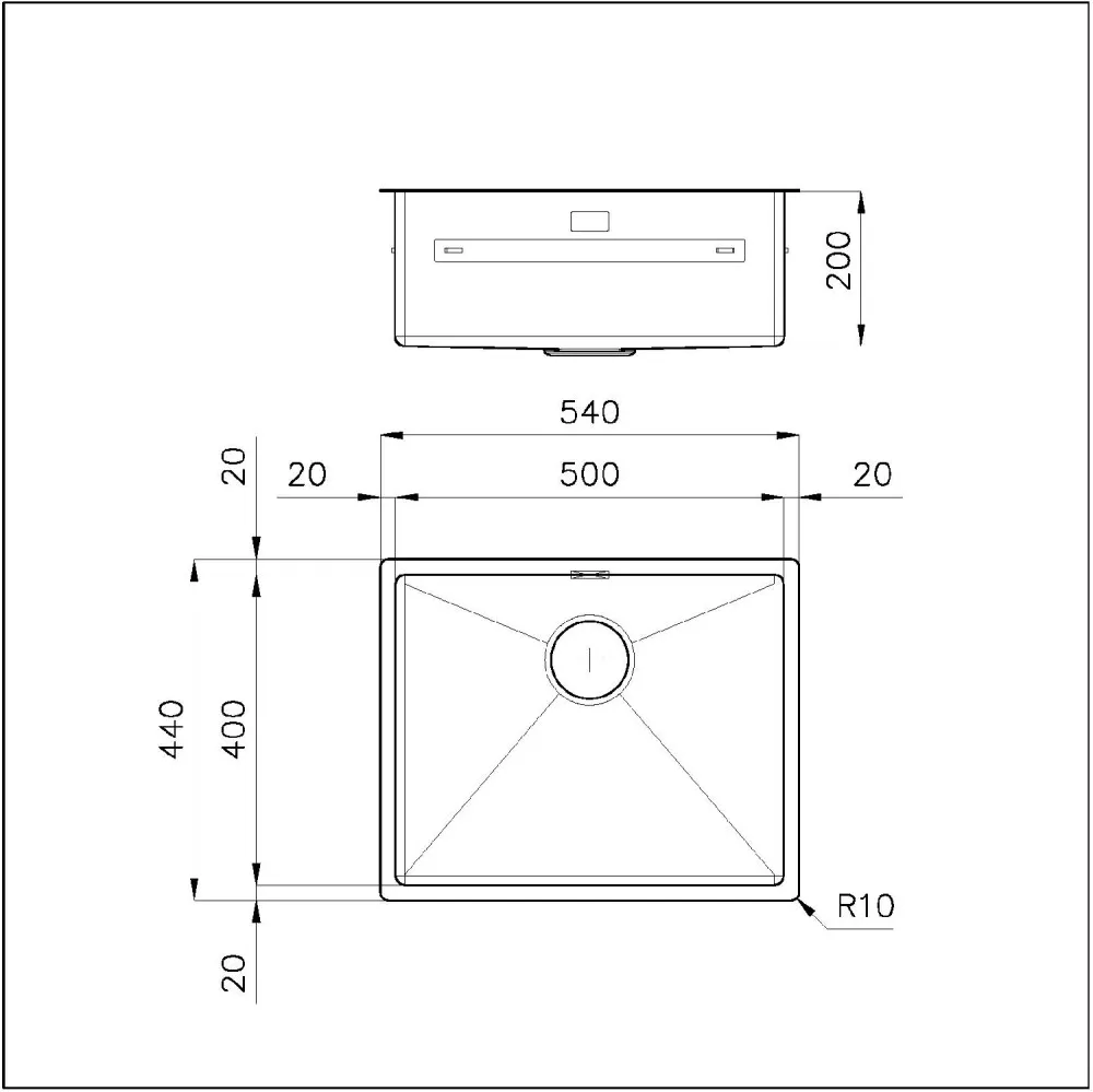 Disegno tecnico di un lavello da cucina con quote in mm.