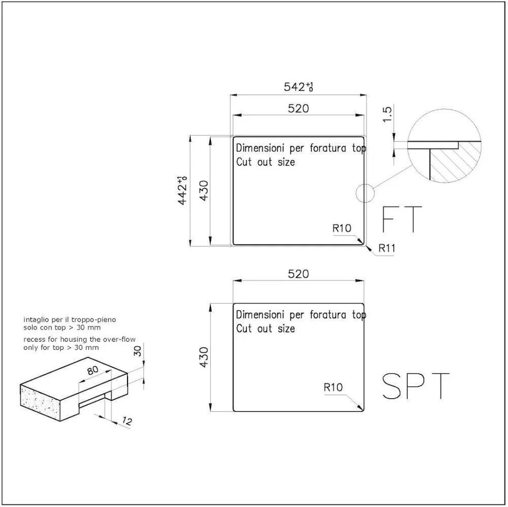 Disegno tecnico con dimensioni di foratura e viste di dettaglio per FT e SPT.