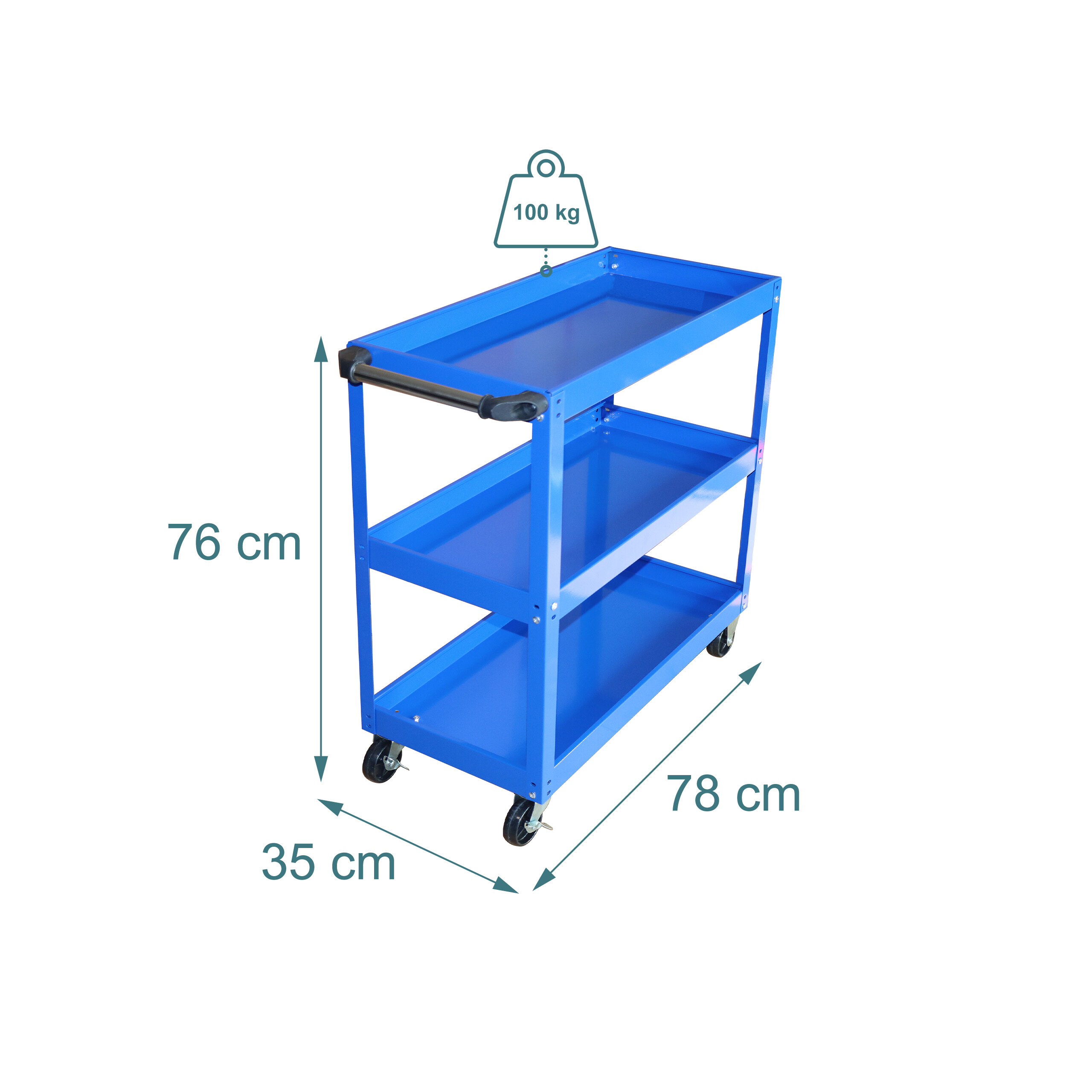 Blauer dreistöckiger Werkstattwagen mit Maßen 78x35x76 cm und 100 kg Tragkraft.