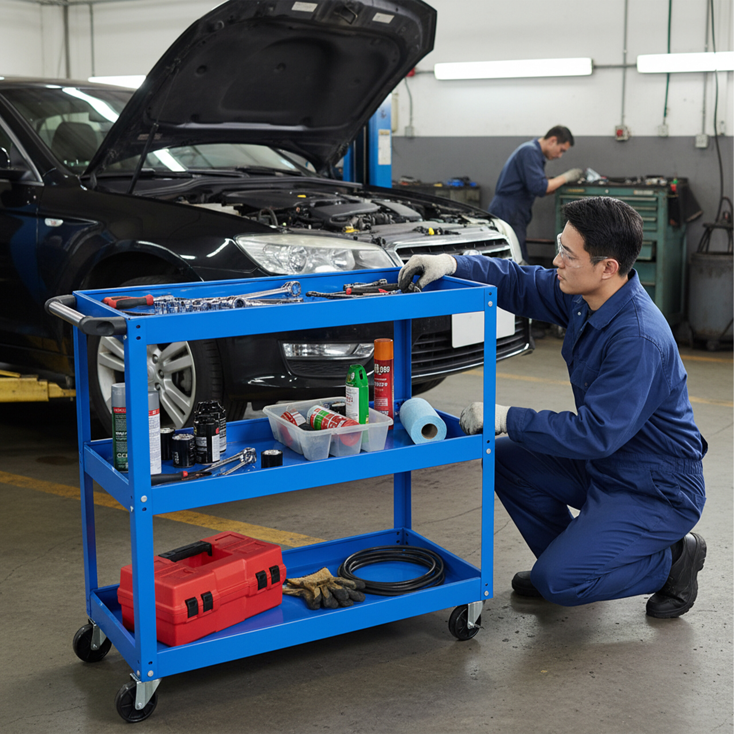 Mechaniker in blauer Uniform kniet an einem Wagen und greift nach Werkzeug auf einem blauen Wagen.