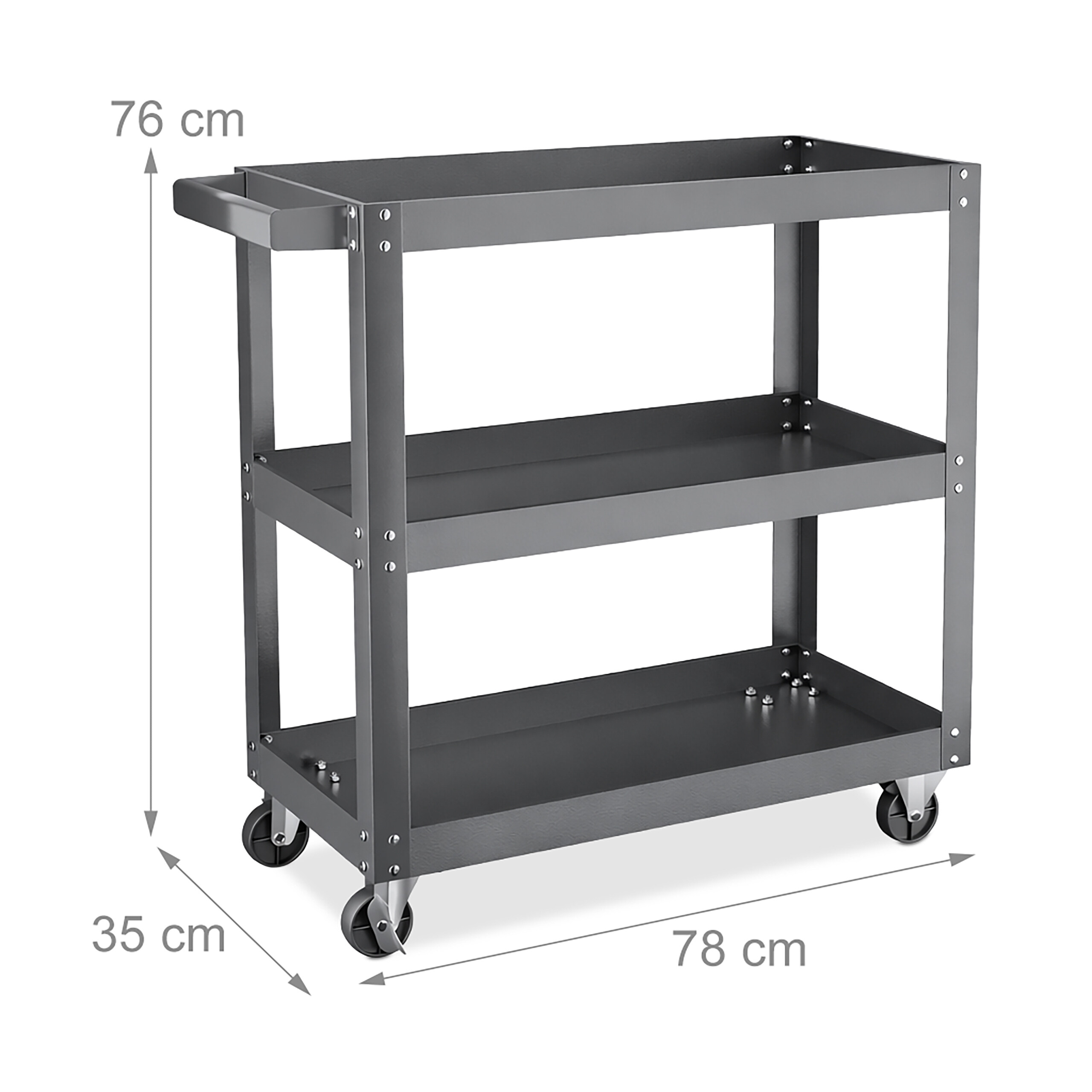 Grauer Metall-Etagenwagen mit drei Ablagen, Griff und vier Rollen, Abmessungen 78x35x76 cm.