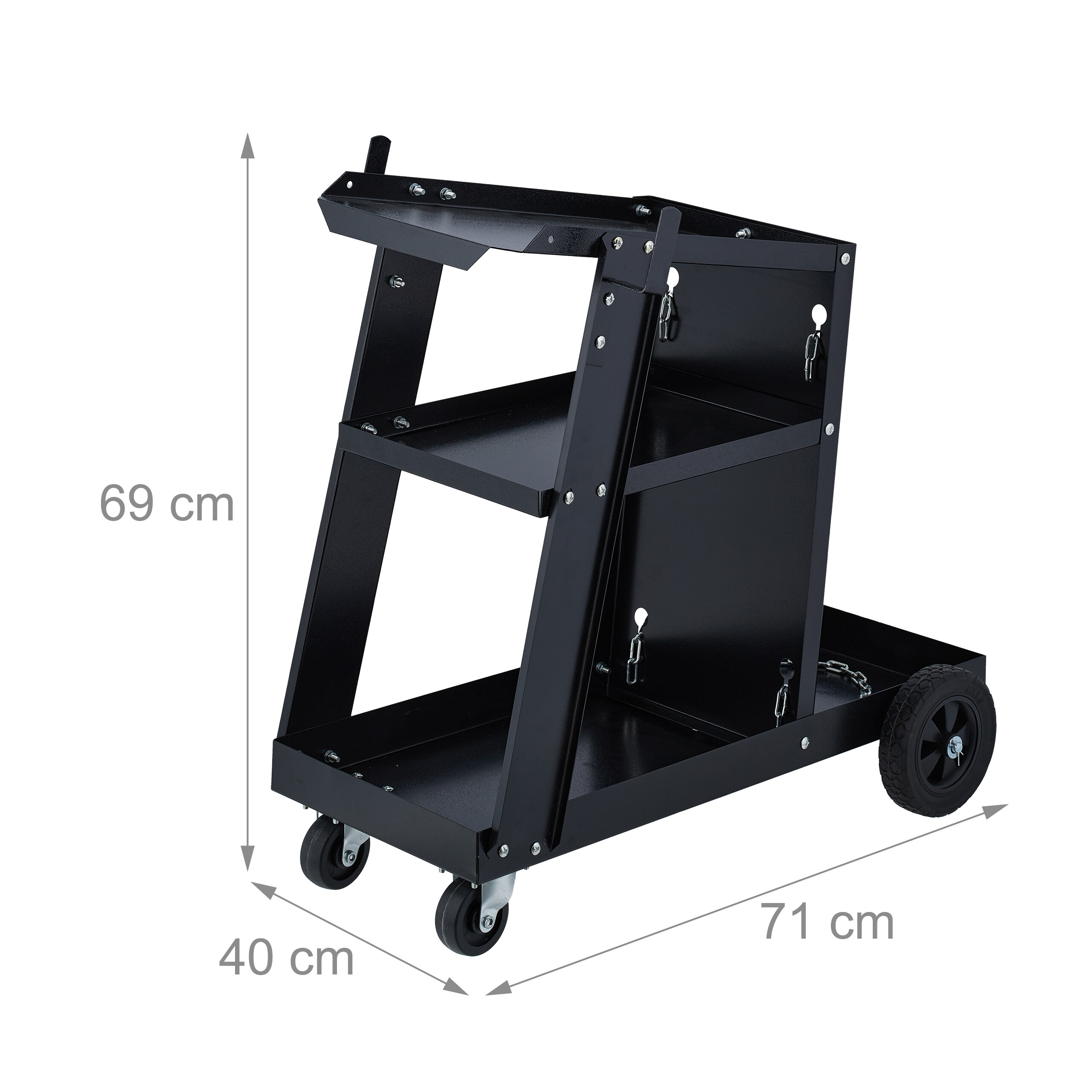 Schwarzer Schweißwagen aus Metall mit drei Ablagen, Rollen und Maßangaben: 69 cm hoch, 40 cm breit, 71 cm tief.