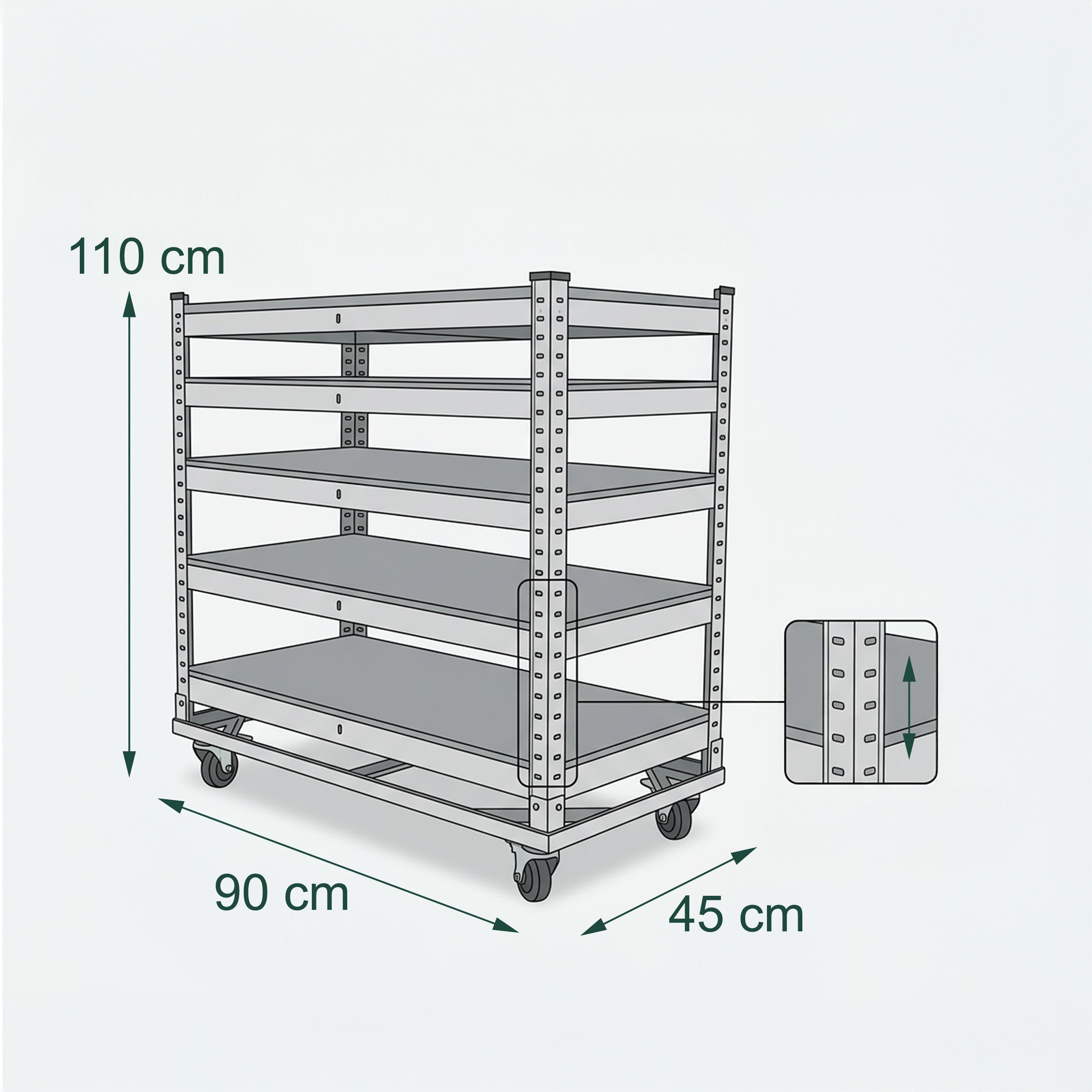 Graues Metallregal auf Rollen, 110 cm hoch, 90 cm breit und 45 cm tief.