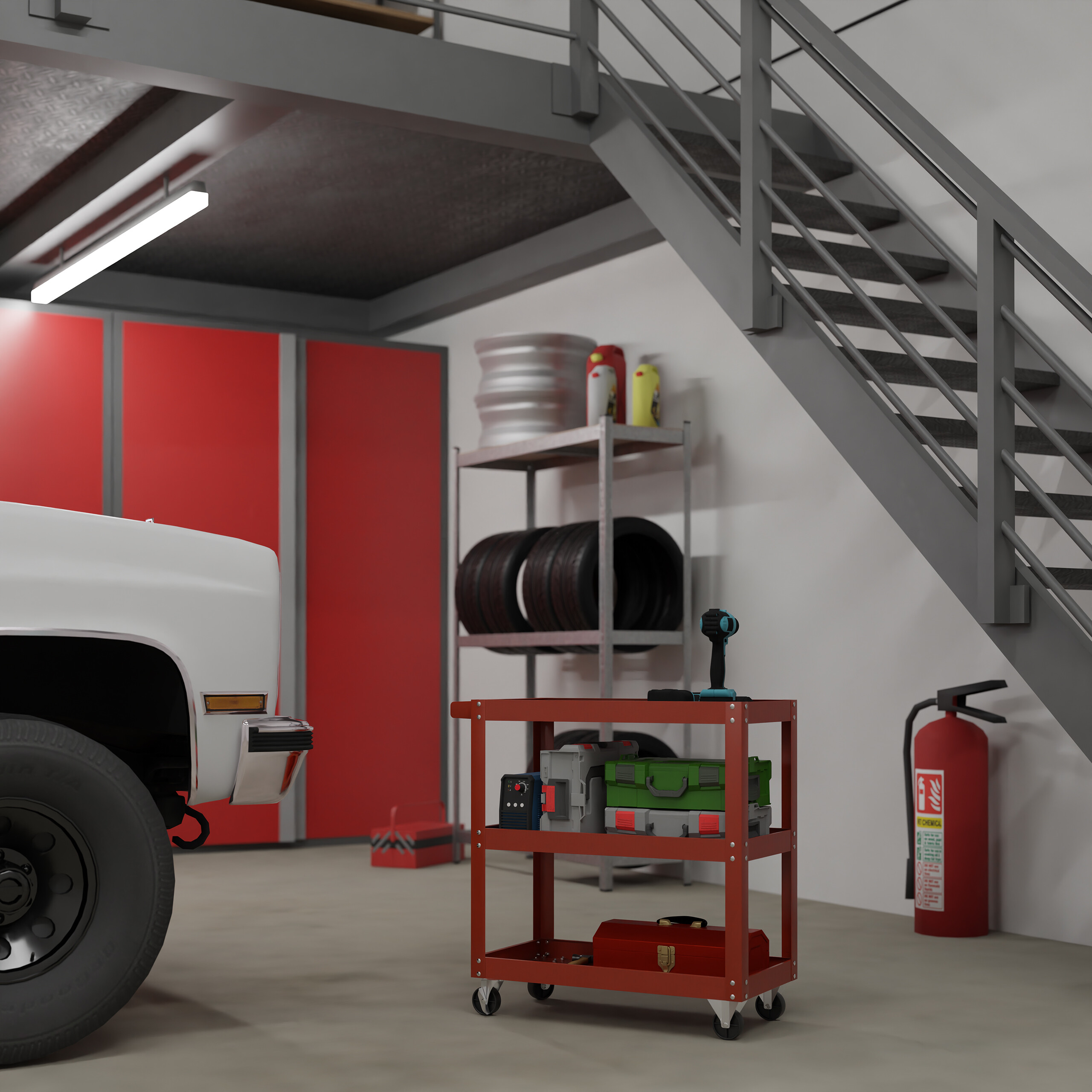Ein Garageninnerer mit weißem Auto, rotem Werkstattwagen, Reifenregalen und Treppe.