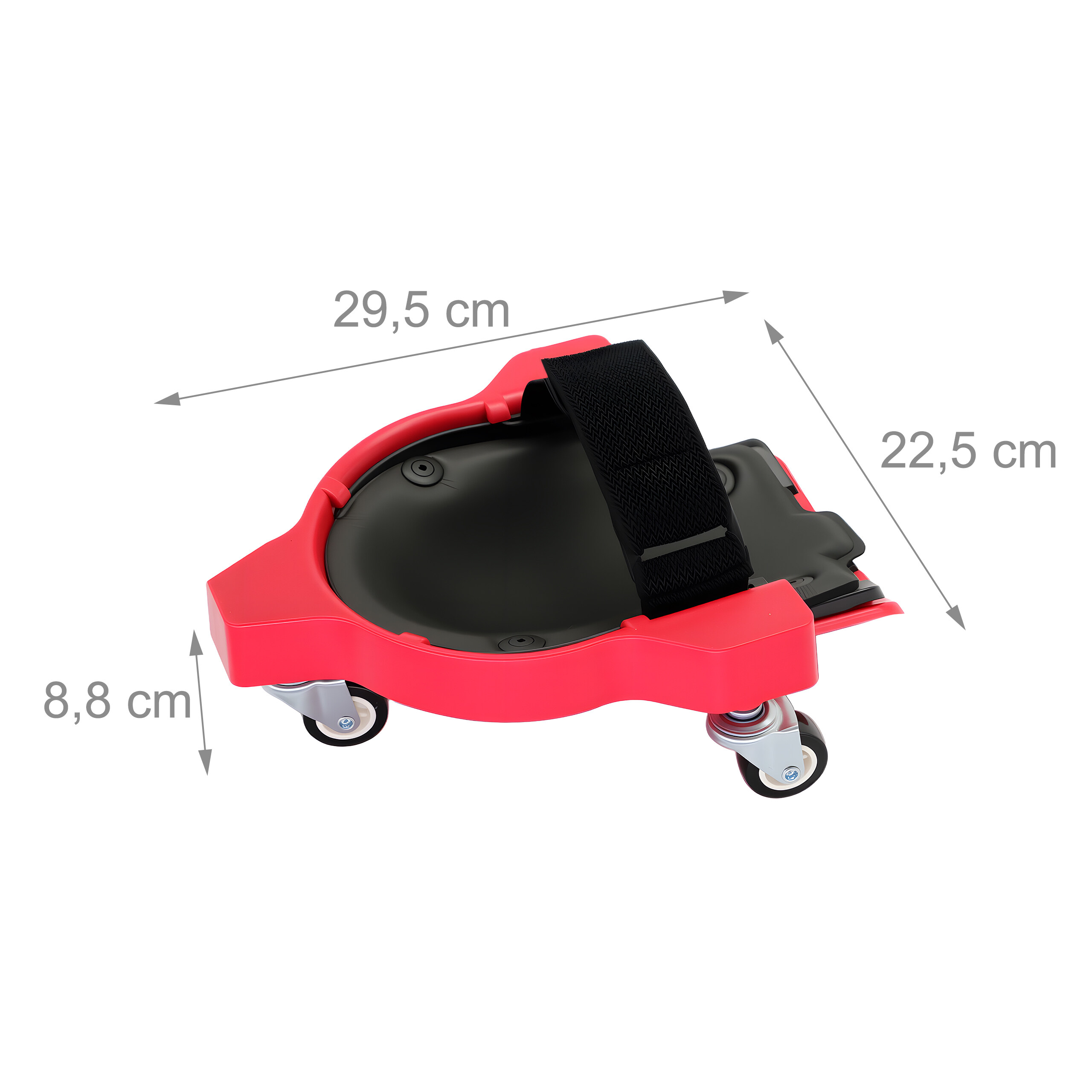 Roter Kniekeil mit Rollen und Abmessungen von 29,5 x 22,5 x 8,8 cm.