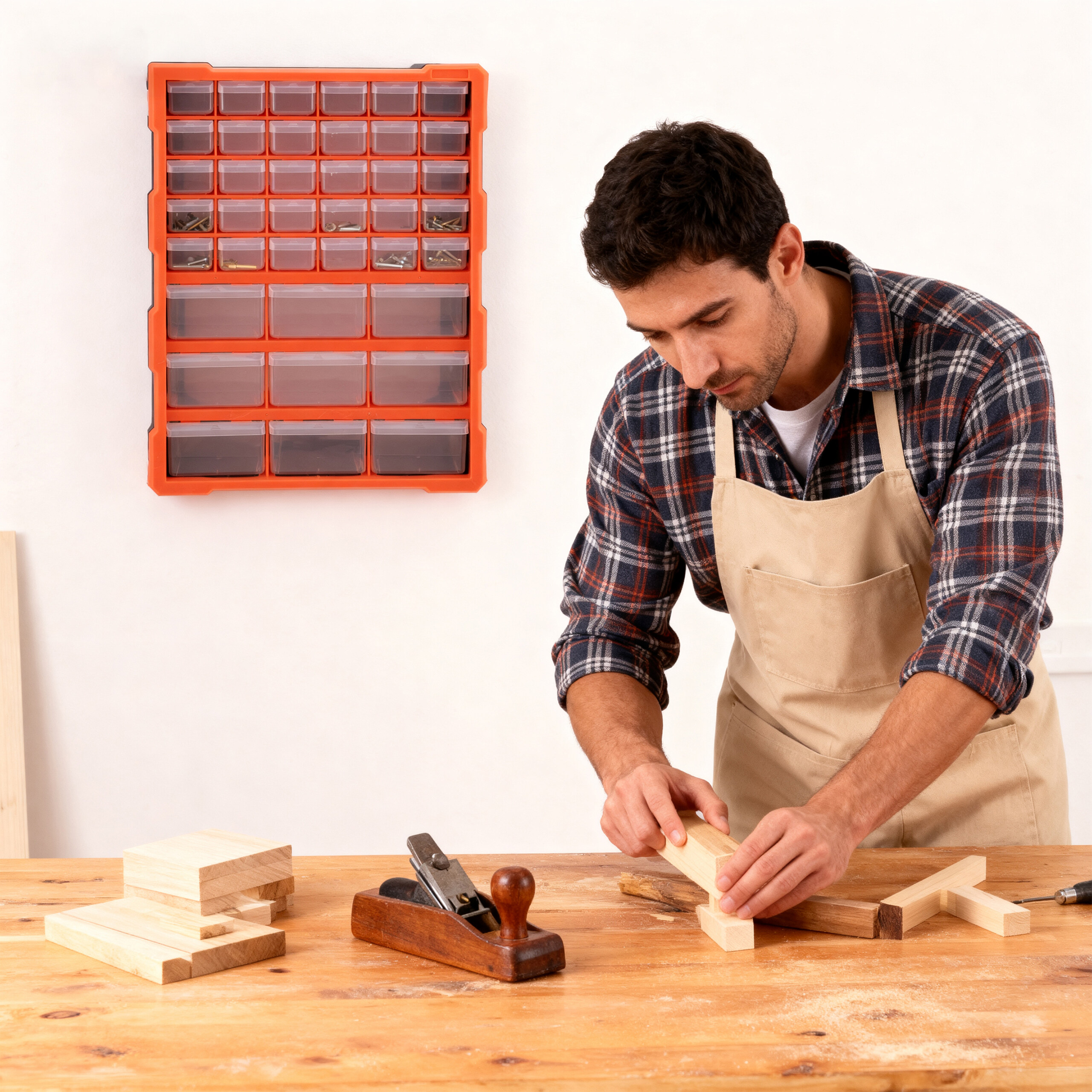 Ein Handwerker mit kariertem Hemd und Schürze baut Holzstücke an einem Werkbank zusammen.