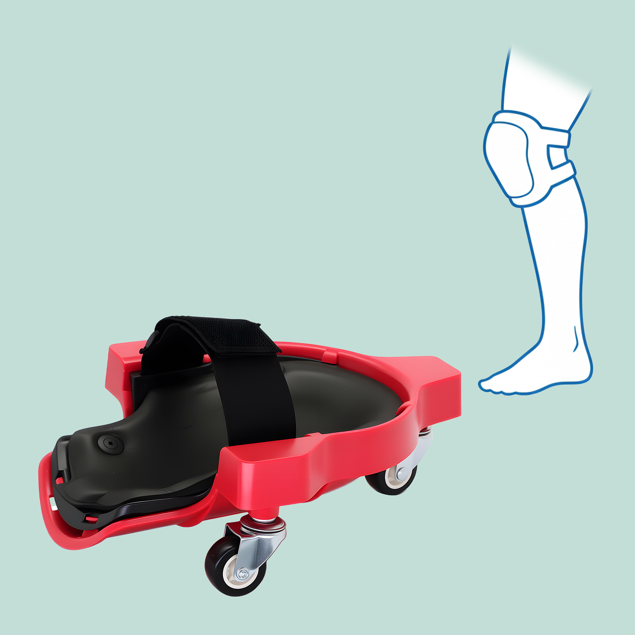 Roter Knieroller mit schwarzem Sitz und Rädern, daneben eine Illustration eines Knies mit Schoner.