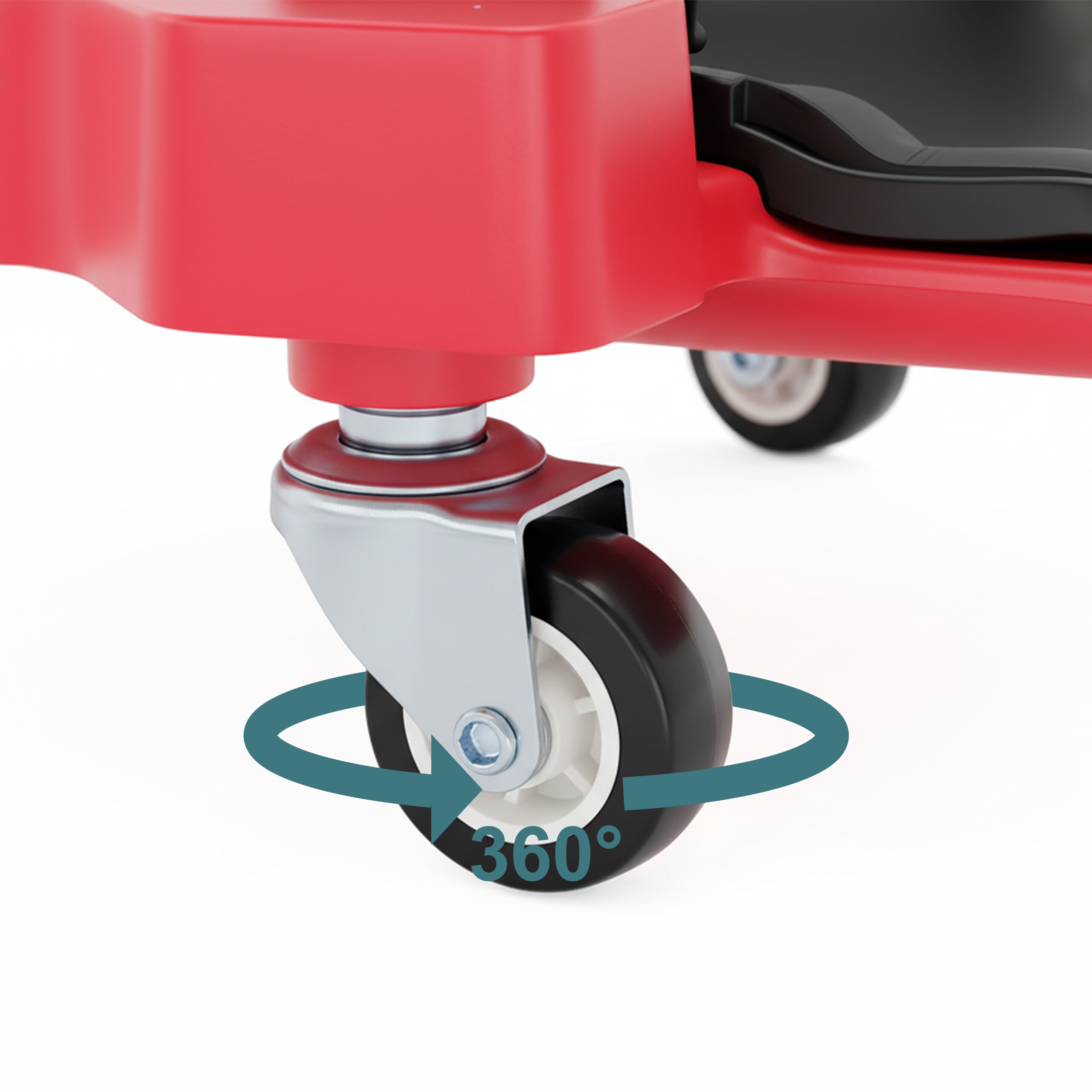 Nahaufnahme eines roten Wagenrads mit einem 360-Grad-Rotationspfeil auf weißem Hintergrund.