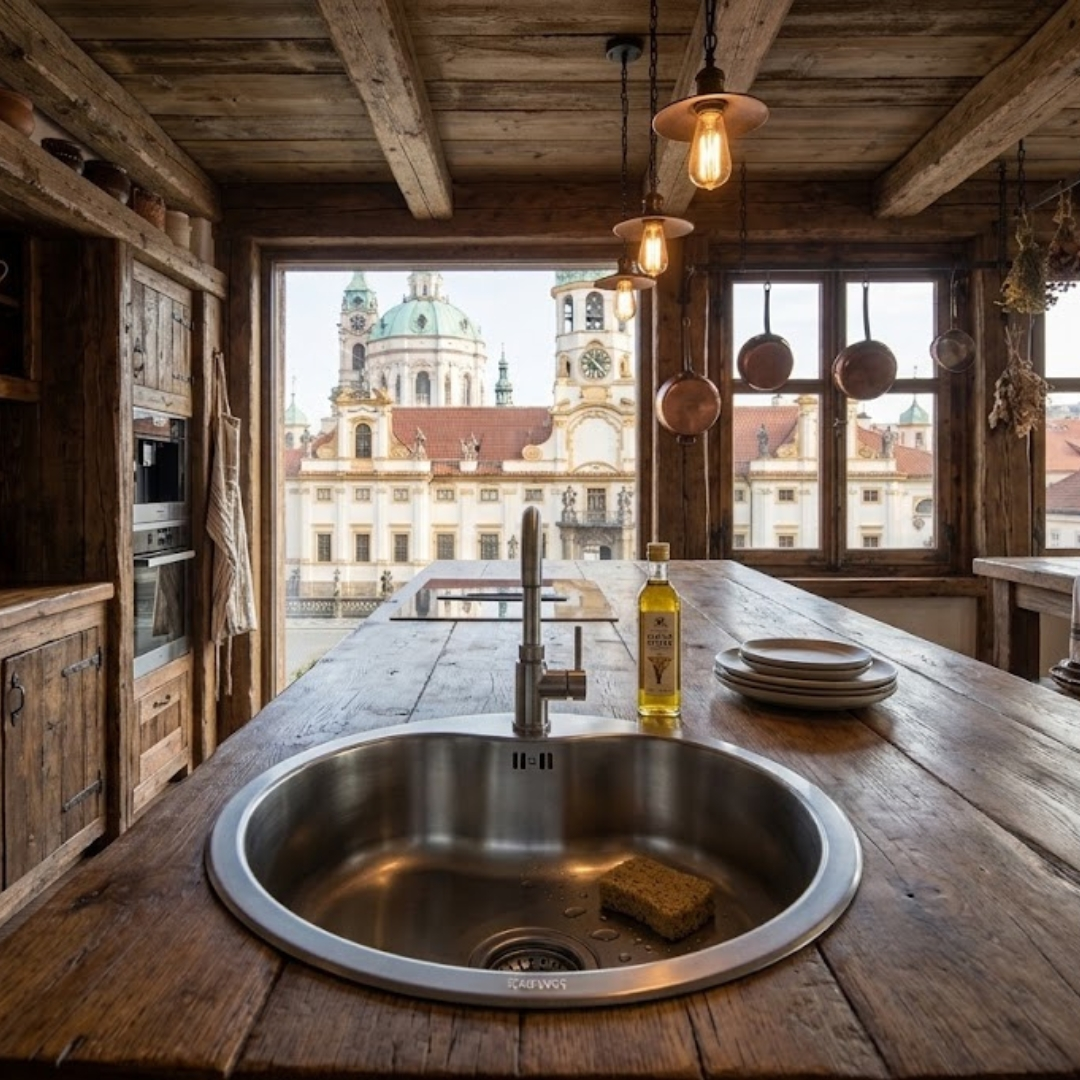 Cucina rustica in legno con lavandino in primo piano e vista dalla finestra sull'architettura storica.