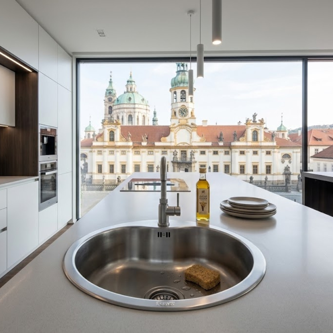 Isola cucina moderna con lavello, con vista su una storica città europea con grande cattedrale.