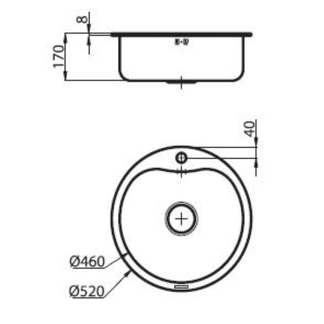 Disegno tecnico di un lavandino rotondo con dimensioni.