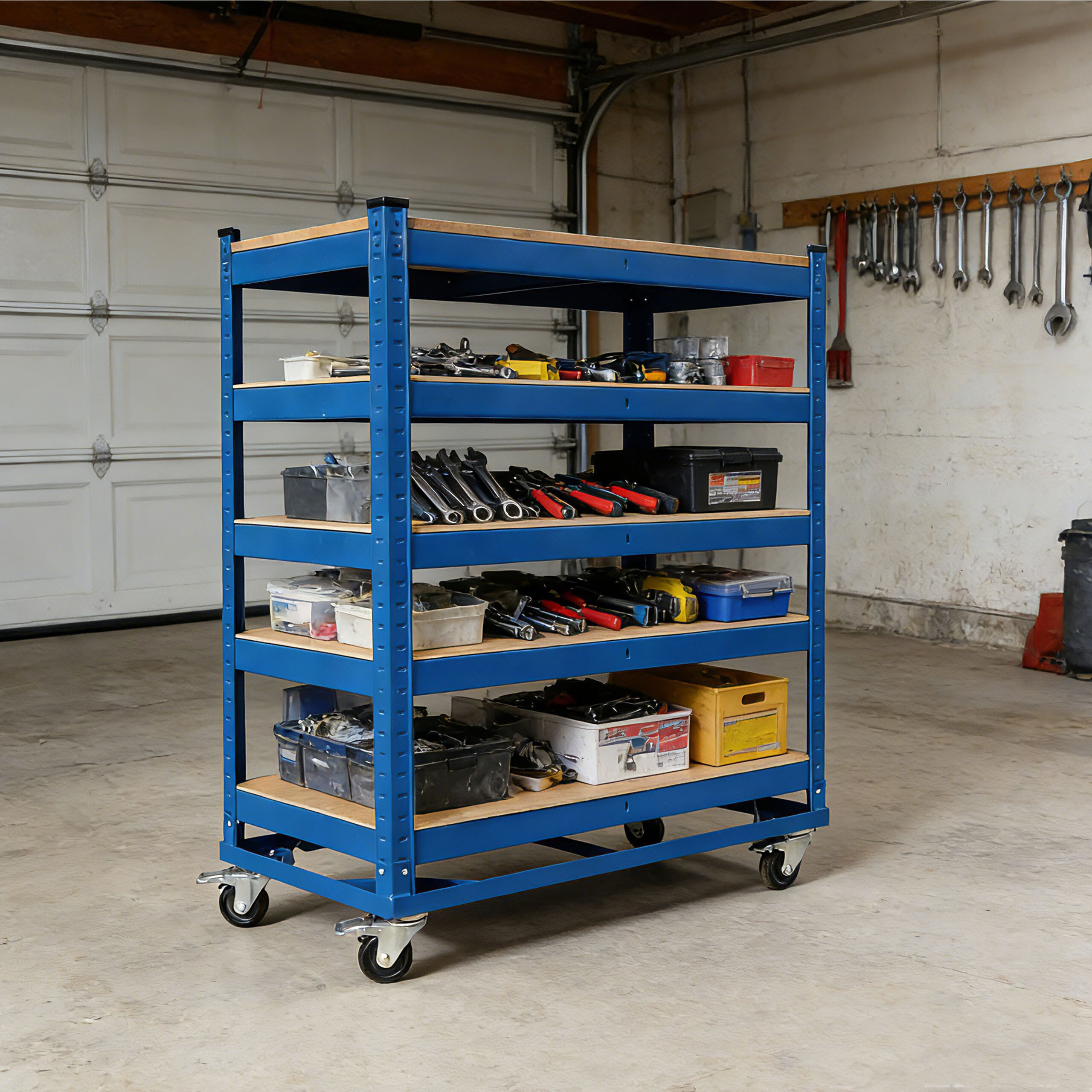 Ein blaues Metall-Werkstattregal auf Rollen, gefüllt mit Werkzeugen und Kisten, steht in einer Garage.