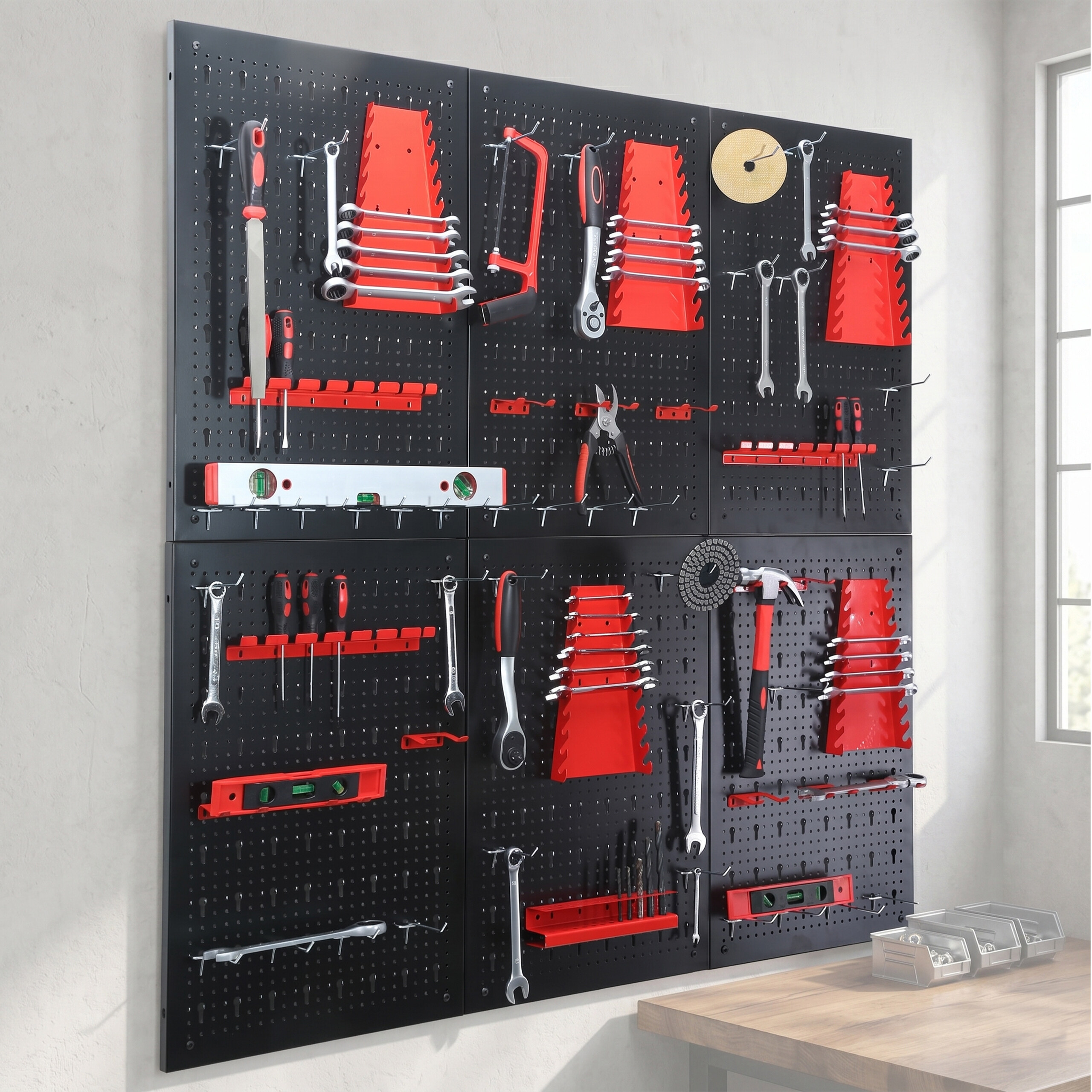 Schwarze Lochwand mit roten und silbernen Werkzeugen montiert.