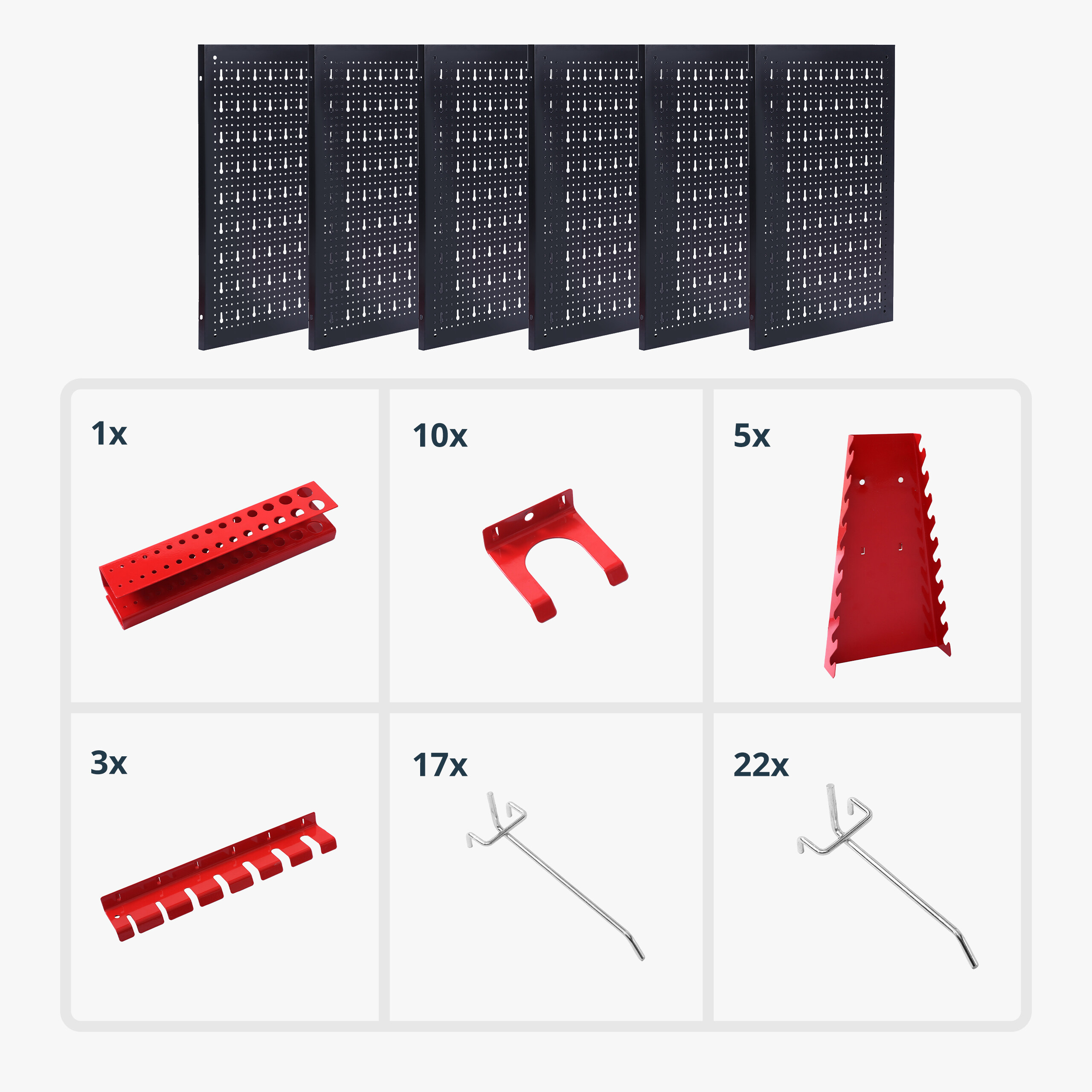 Set aus sechs schwarzen Lochplatten und rotem Werkstatt-Zubehör mit Haken und Haltern auf weißem Hintergrund.