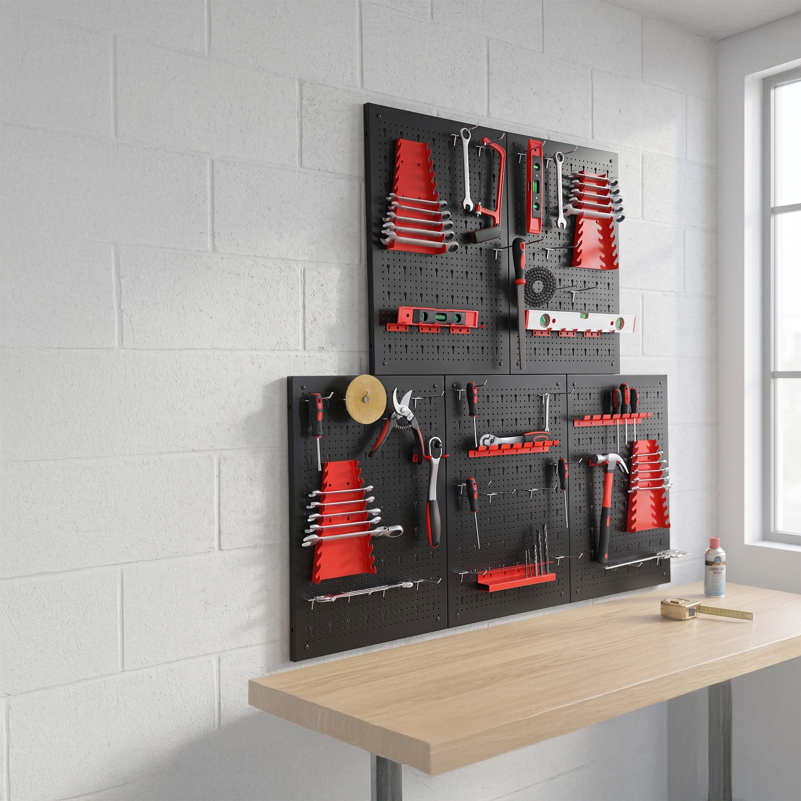 Schwarze Lochwände mit roten Werkzeughaltern hängen über einer Holzwerkbank an einer weißen Wand.