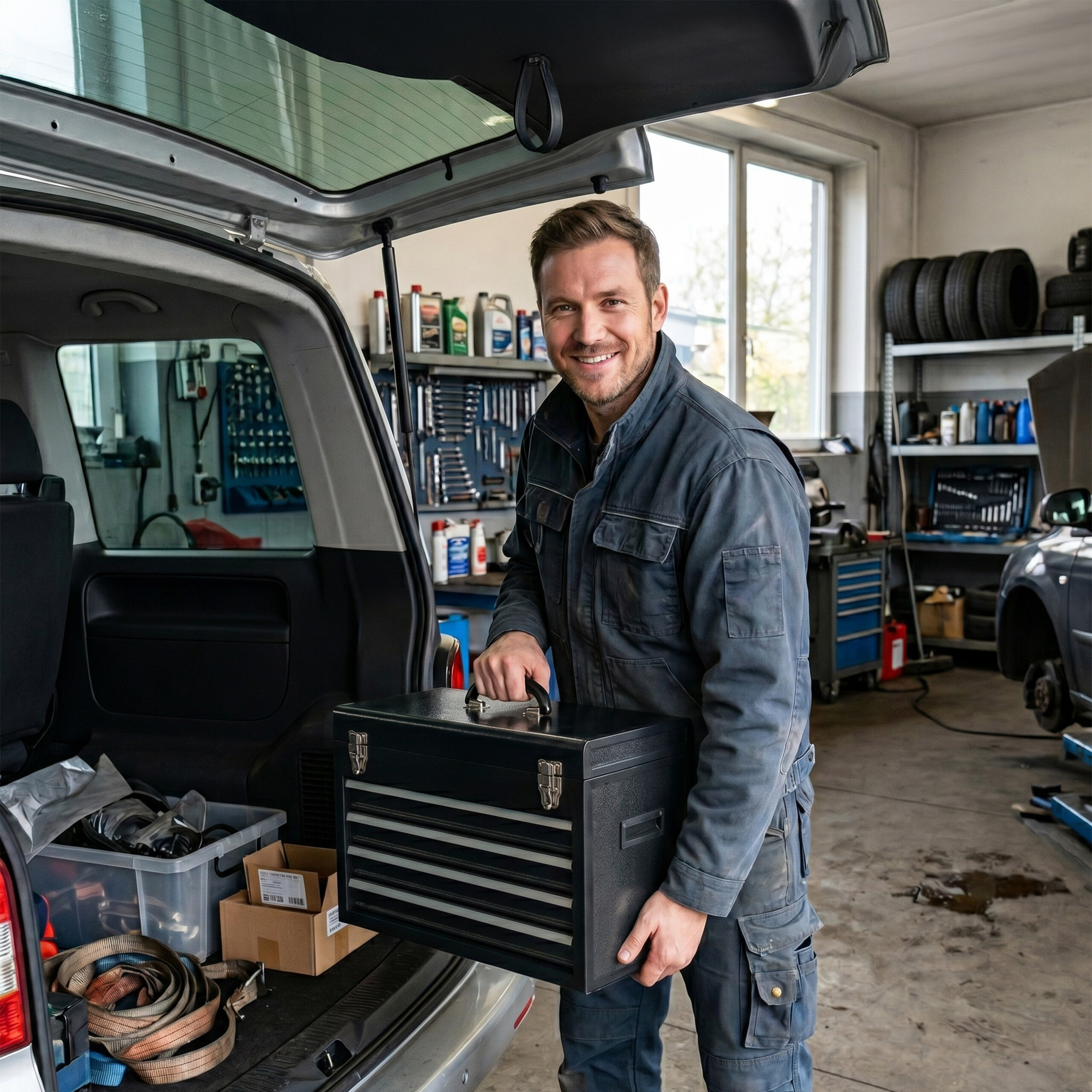 Ein lächelnder Mechaniker in blauer Arbeitskleidung hält eine schwarze Werkzeugkiste am Kofferraum eines Autos.