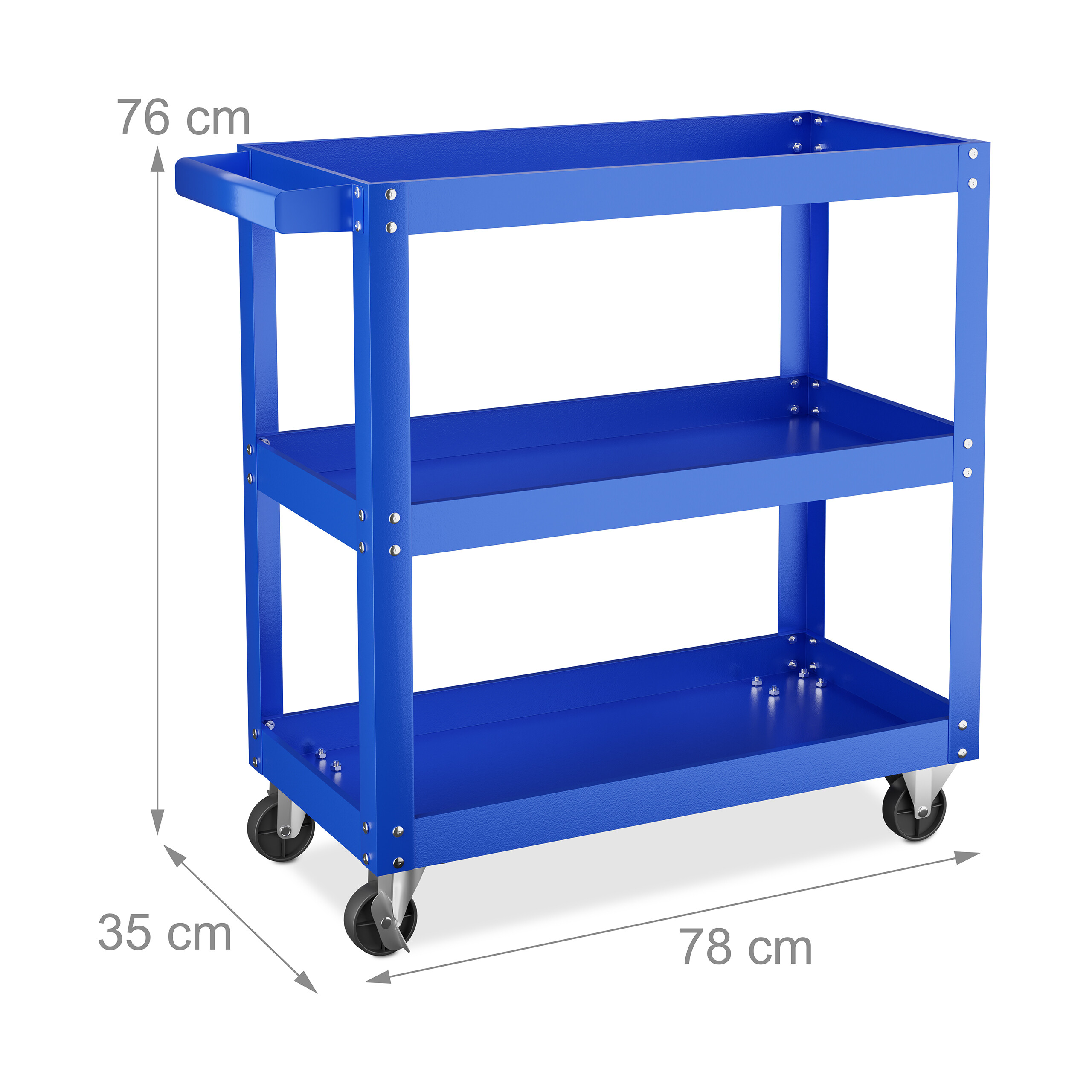 Ein blauer dreistöckiger Werkstattwagen mit Maßen von 78x35x76 cm und vier Rädern auf weißem Hintergrund.