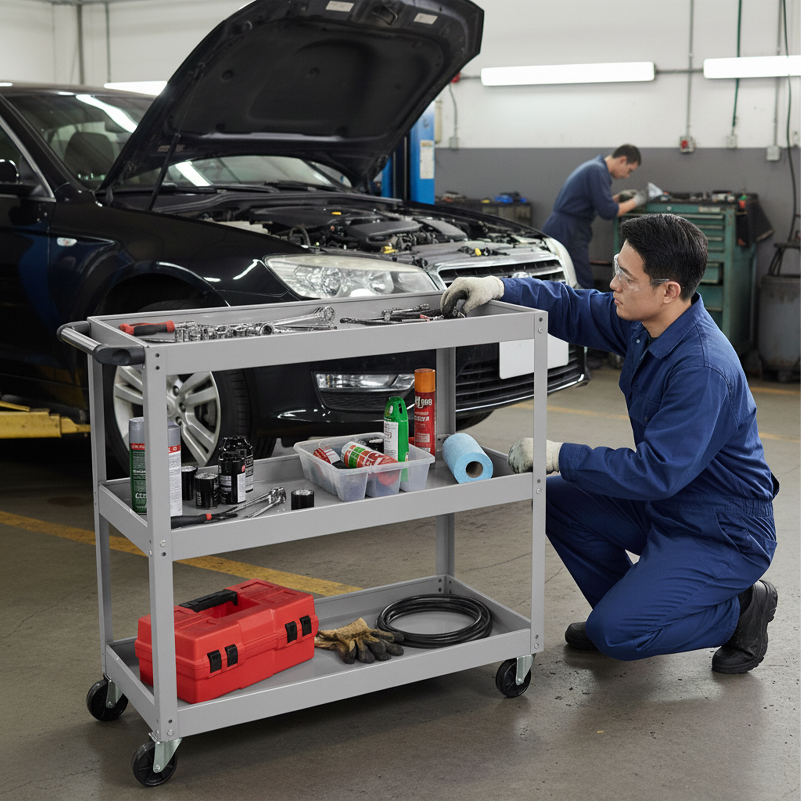 Mechaniker in blauer Arbeitskleidung kniet neben einem Werkzeugwagen in einer Werkstatt mit schwarzem Auto.